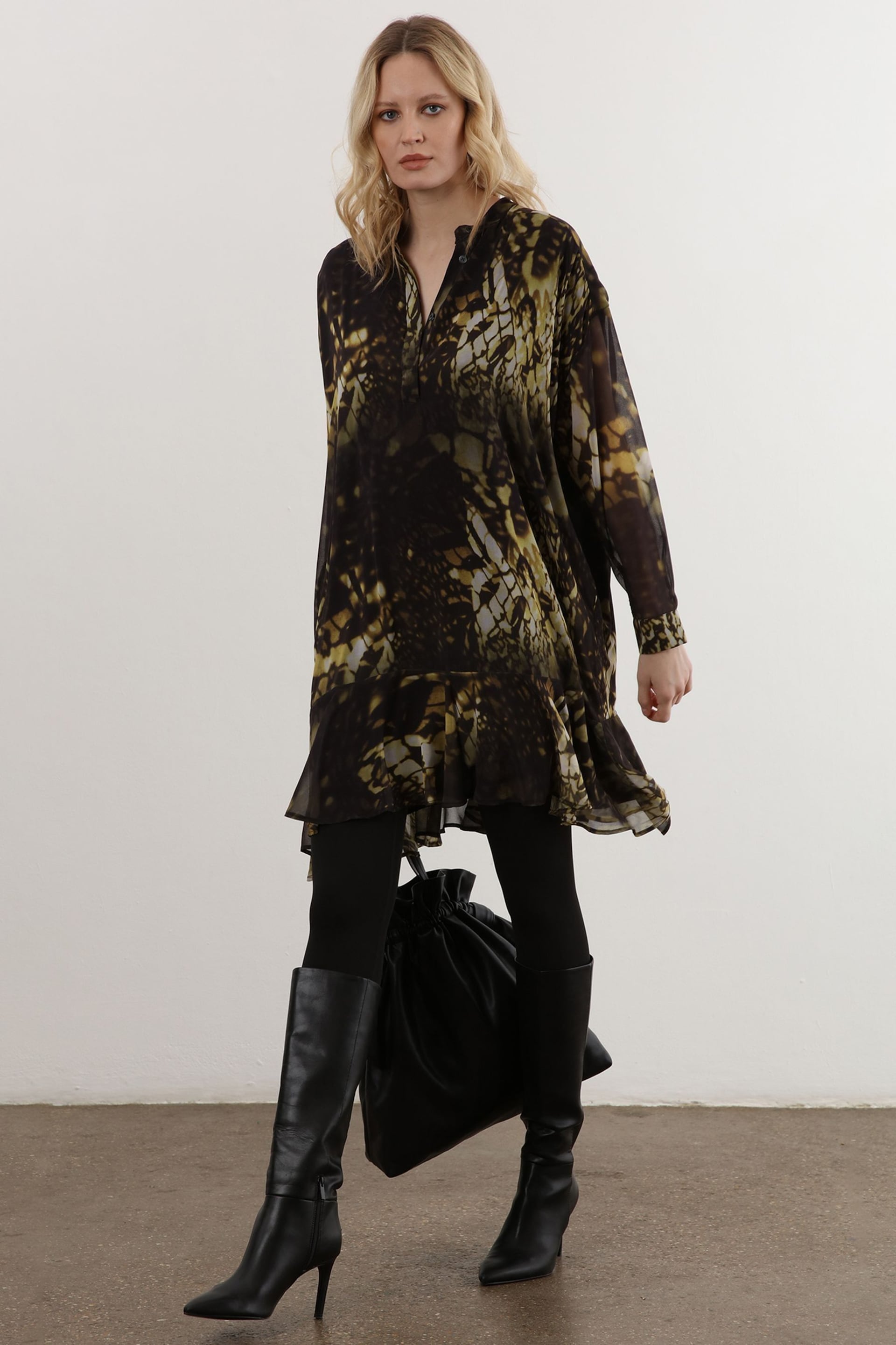 Religion Green Oversized Shirt Dress with Frill Hem and Pockets - Image 5 of 6