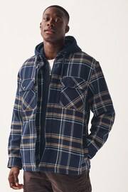 Navy Blue Borg Lined Check Shacket with Hood - Image 3 of 10