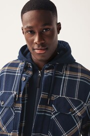 Navy Blue Borg Lined Check Shacket with Hood - Image 5 of 10