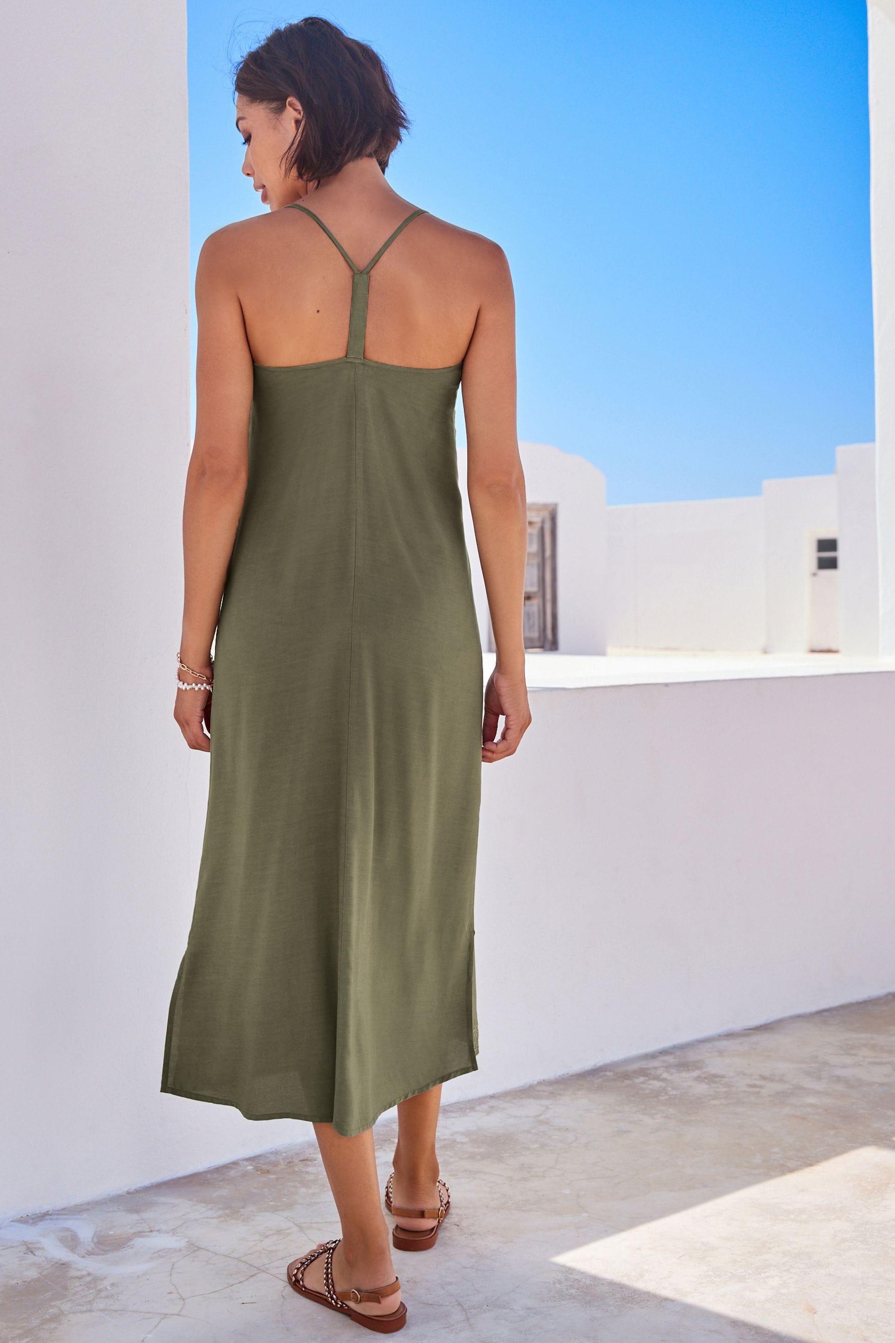 Buy Embroidered Khaki Green Racer Back V Neck Midi Slip Summer Dress from Next Austria
