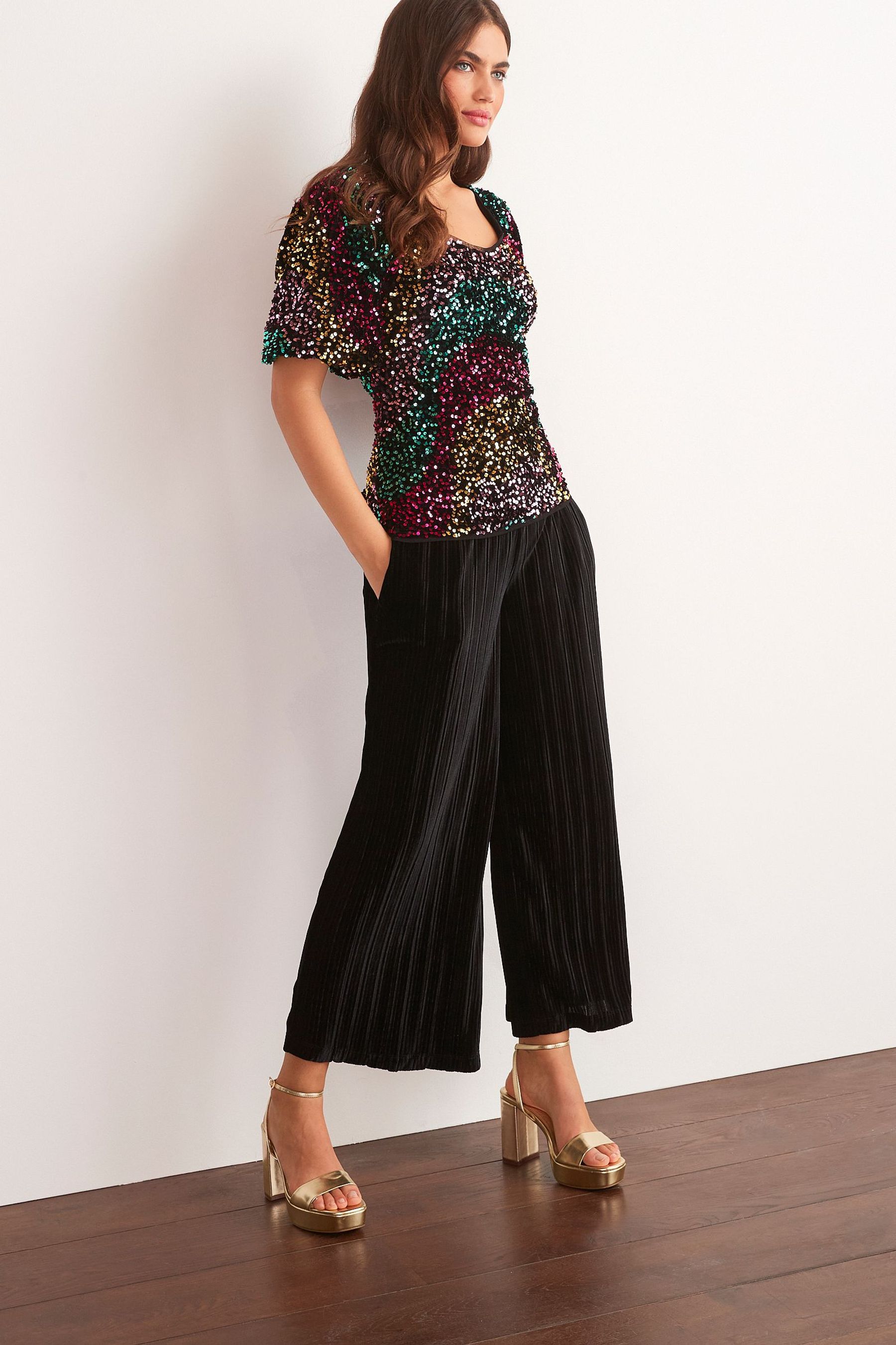 Buy Black Velvet Pleated Culotte Trousers from Next Poland