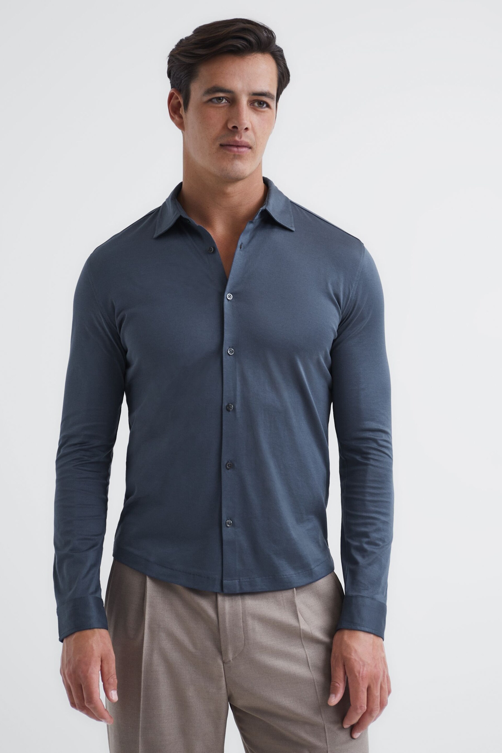 Reiss Steel Blue Baron Mercerised Jersey Shirt - Image 1 of 7