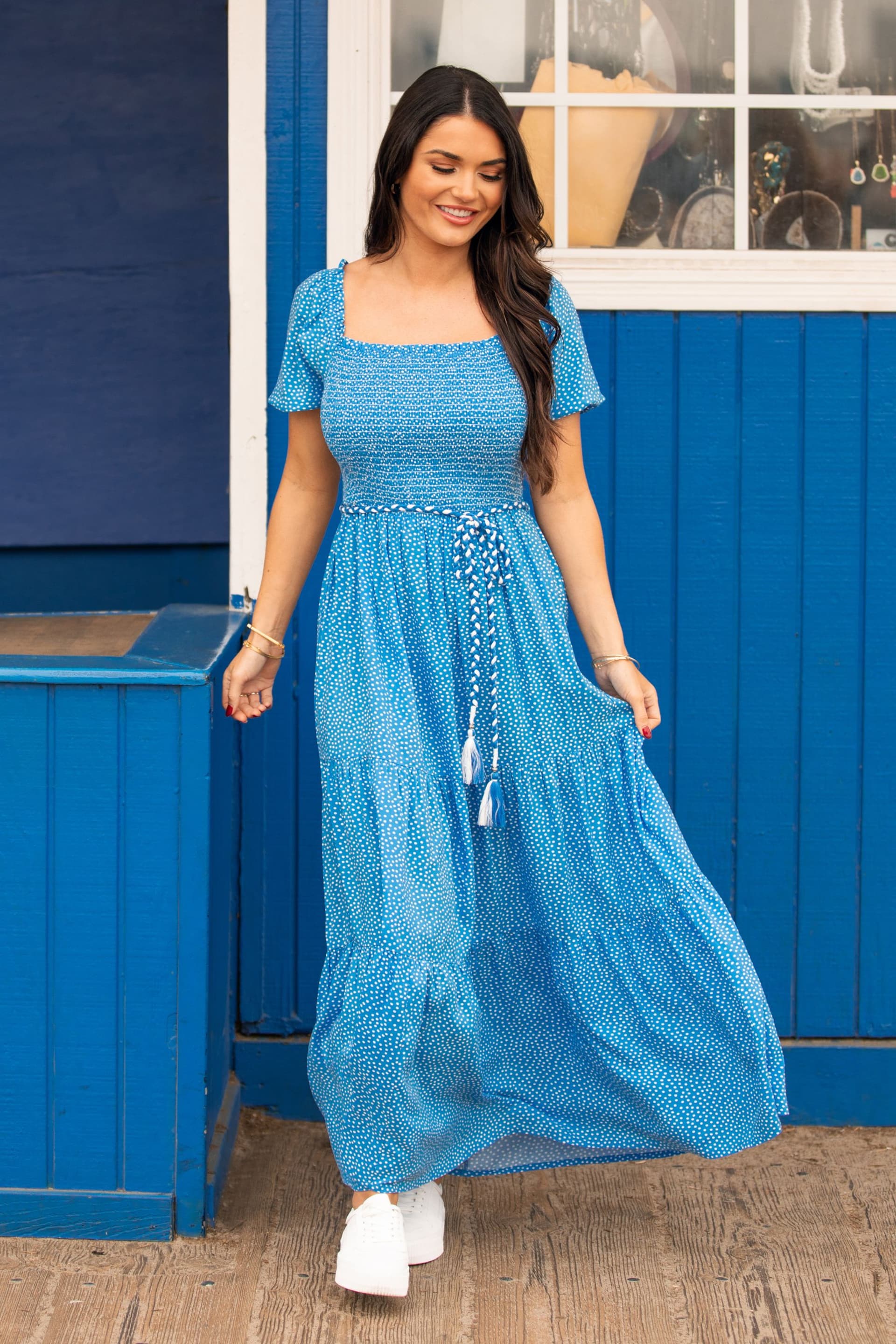 Pour Moi Blue Sadie Shirred Dress - Image 2 of 5