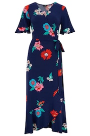 Pour Moi Navy Blue Multi Print Megan Fuller Bust Slinky Jersey Frill Detail Midi Wrap Dress - Image 4 of 5