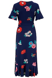 Pour Moi Navy Blue Multi Print Megan Fuller Bust Slinky Jersey Frill Detail Midi Wrap Dress - Image 5 of 5
