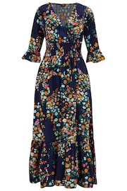 Pour Moi Navy Blue Multi Floral Carmen Fuller Bust LENZING™ ECOVERO™ Viscose Elasticated Neckline Midaxi Dress - Image 4 of 5