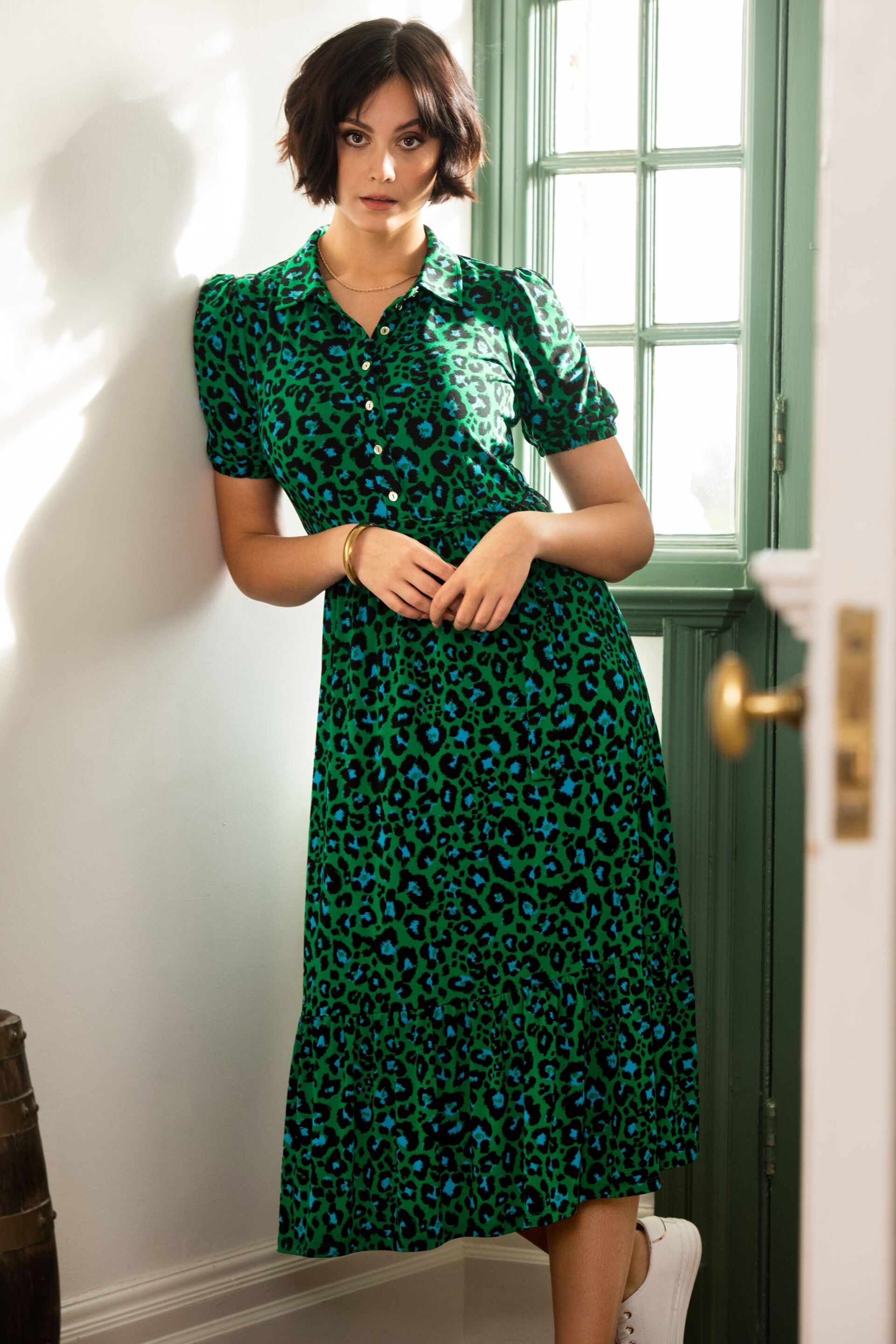 Pour Moi Green Jodie Fuller Bust Slinky Jersey Tiered Midi Shirt Dress - Image 1 of 5