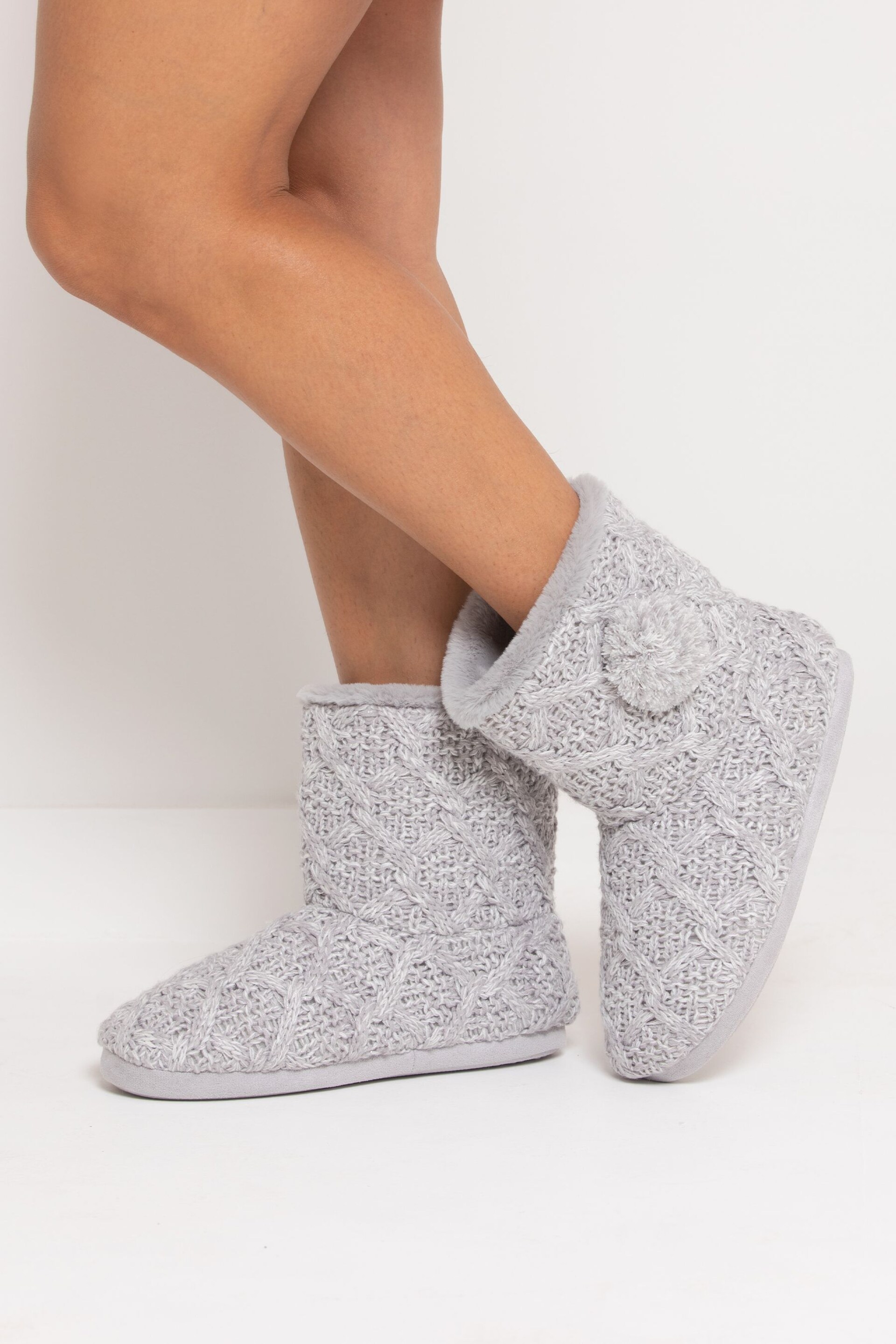 Pour Moi Grey Cable Knit Faux Fur Lined Bootie Slippers - Image 1 of 3