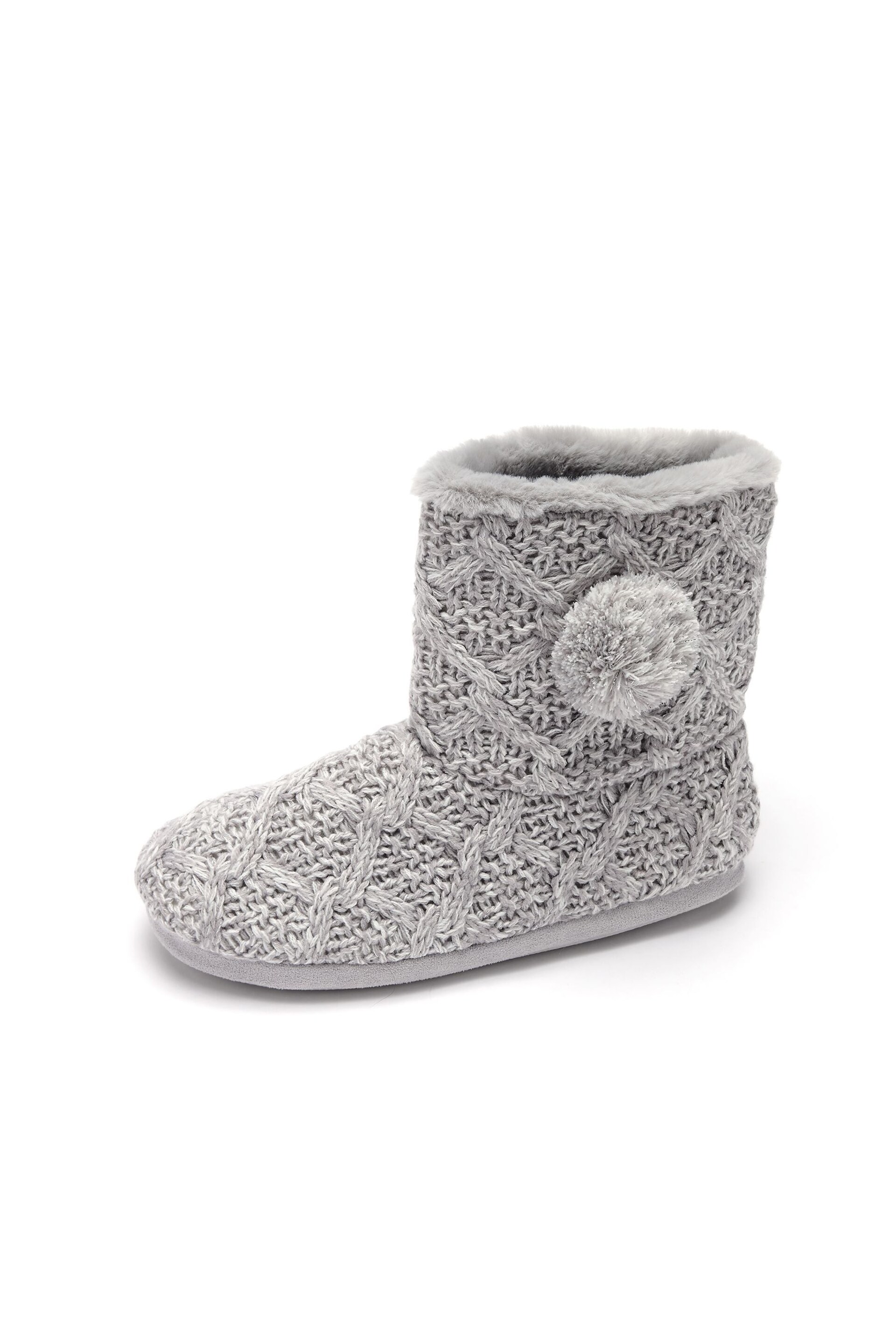 Pour Moi Grey Cable Knit Faux Fur Lined Bootie Slippers - Image 3 of 3