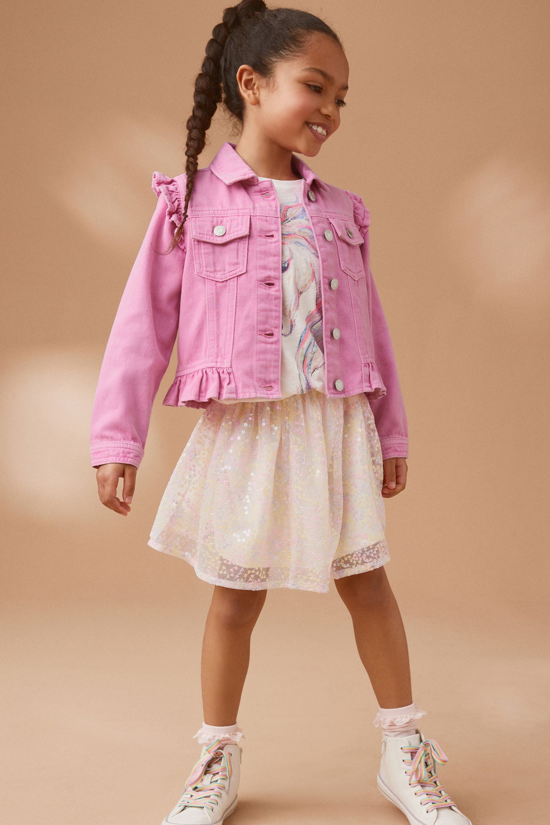 Buy Bright Pink 100 Cotton Frill Shoulder Denim Jacket 3 16yrs from Next Luxembourg