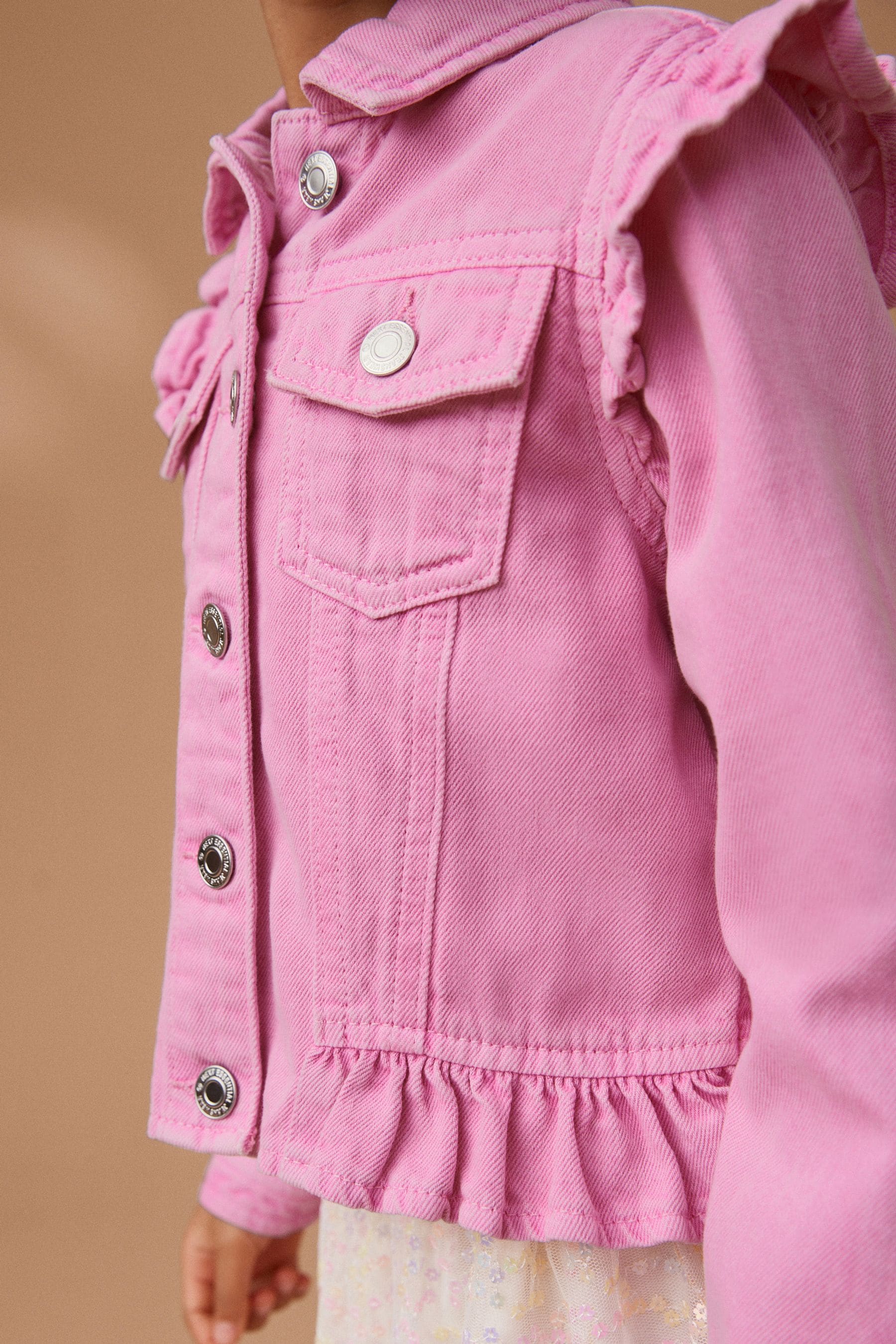 Bright Pink 100 Cotton Frill Shoulder Denim Jacket 3 16yrs