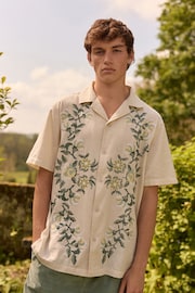 Ecru White Short Sleeve Floral Embroidered Cotton/Linen Mix Shirt - Image 1 of 7