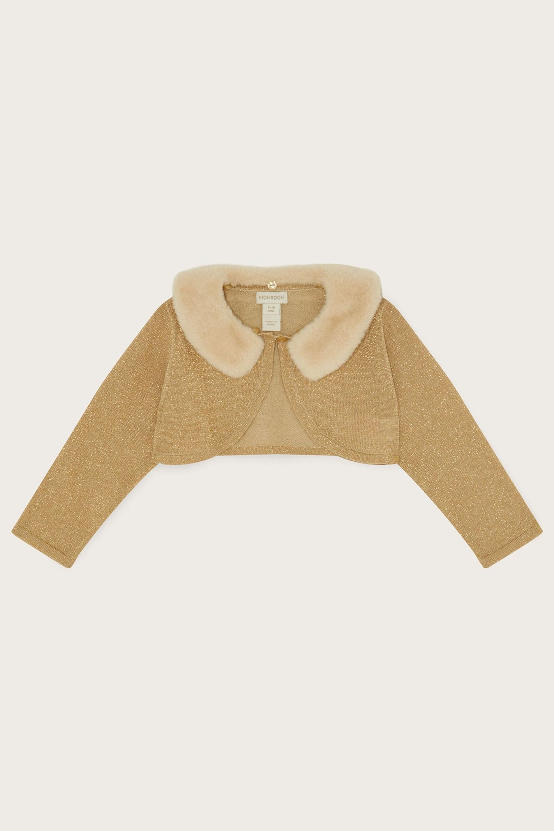 Monsoon Gold Baby Faux Fur Collar Cardigan - Image 1 of 3