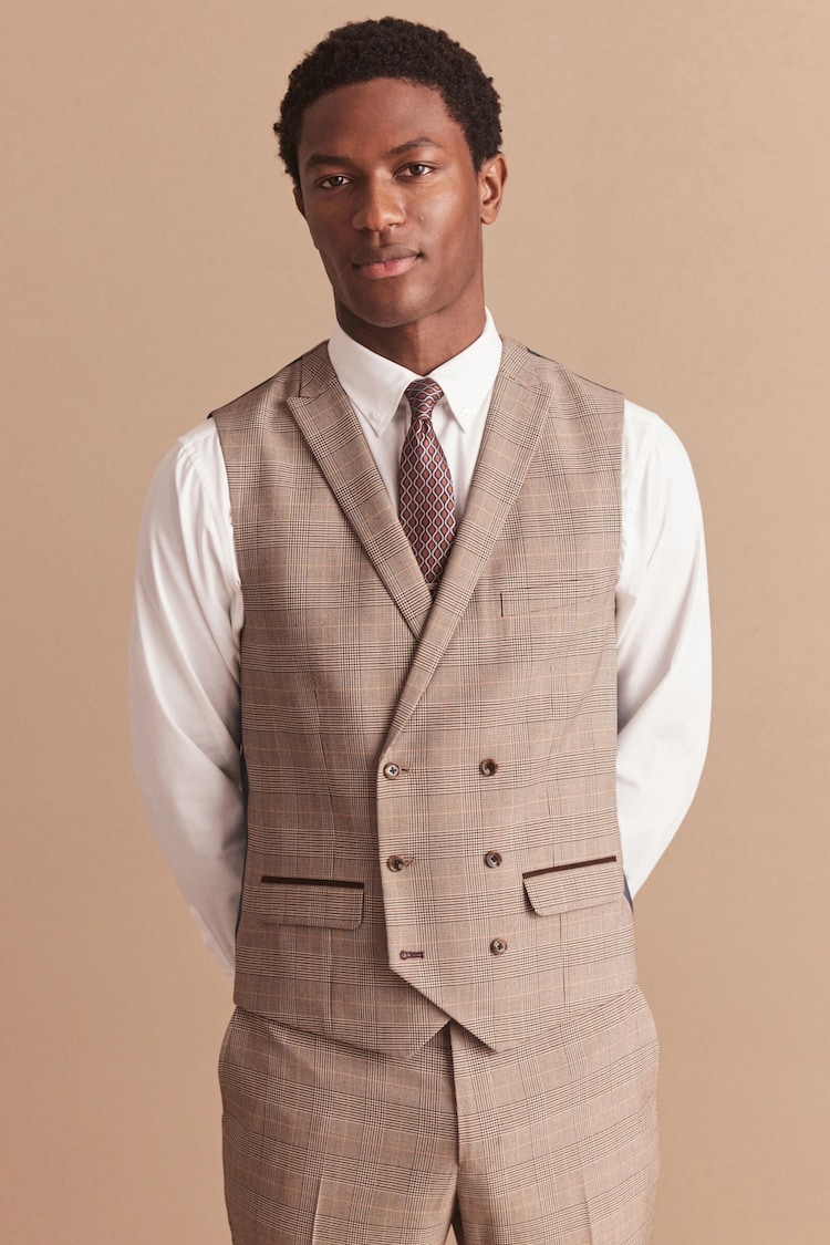 Taupe Regular Fit Check Suit Waistcoat - Image 1 of 12