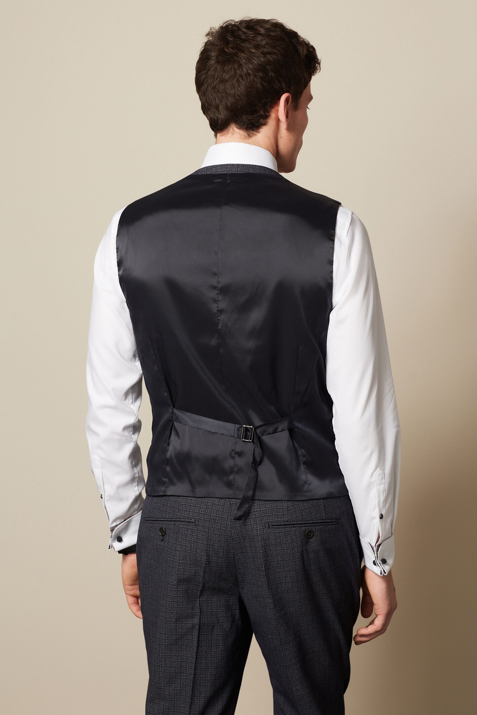 Navy Wool Blend Check Suit Waistcoat - Image 3 of 12