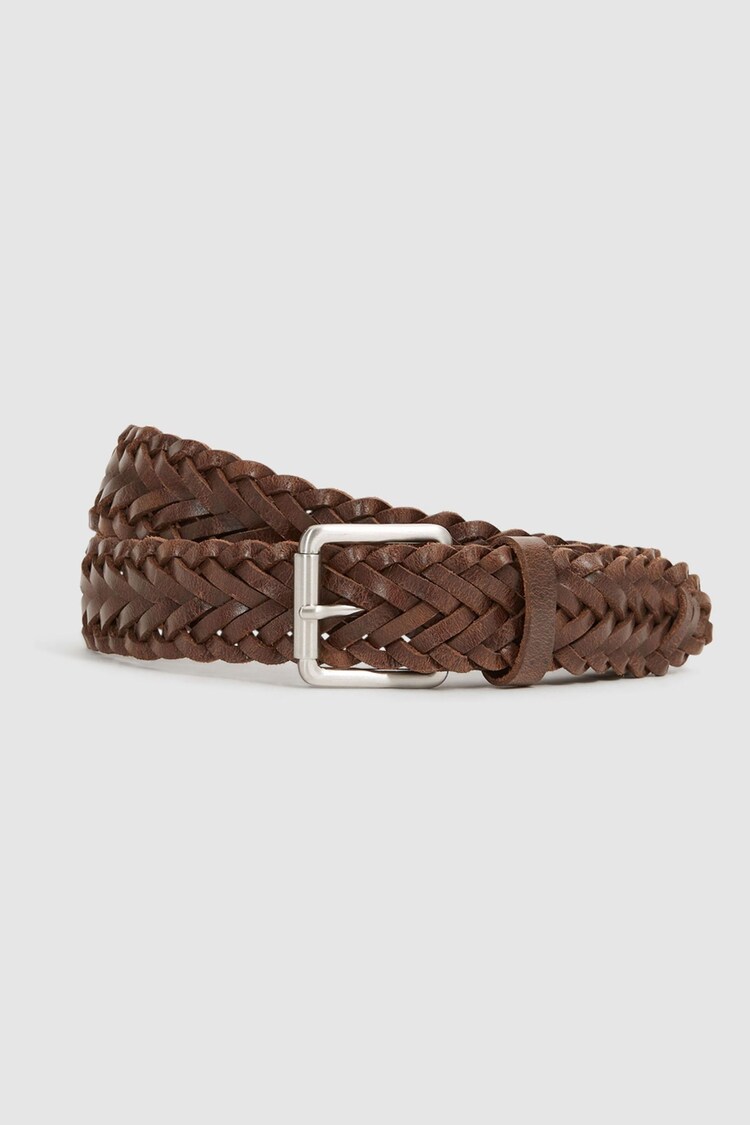 Reiss Chocolate Carlton Woven Leather Belt - Image 1 of 6