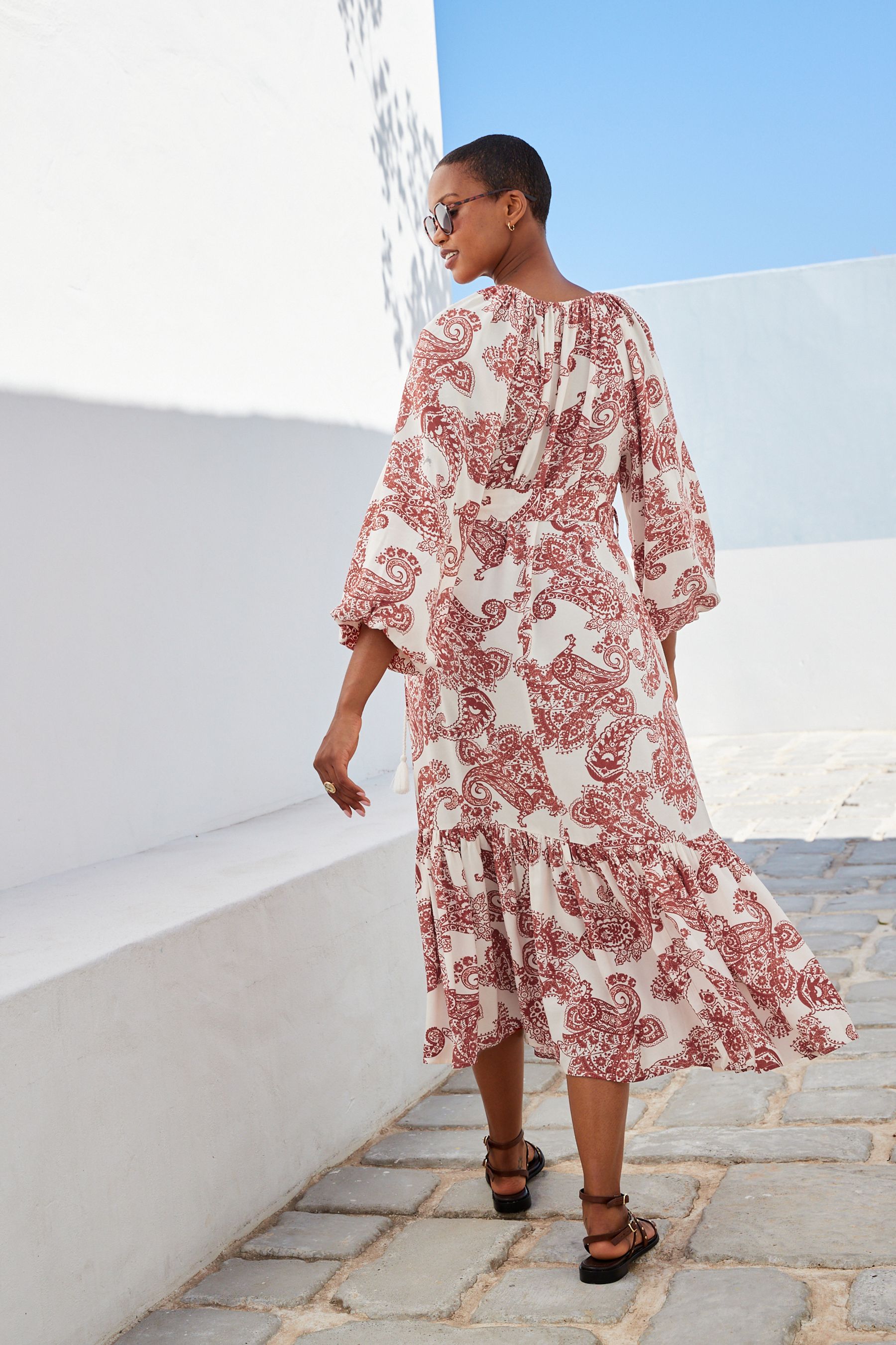 Buy Red Paisley Red Paisley Long Sleeve Midi Summer Dress from Next Luxembourg
