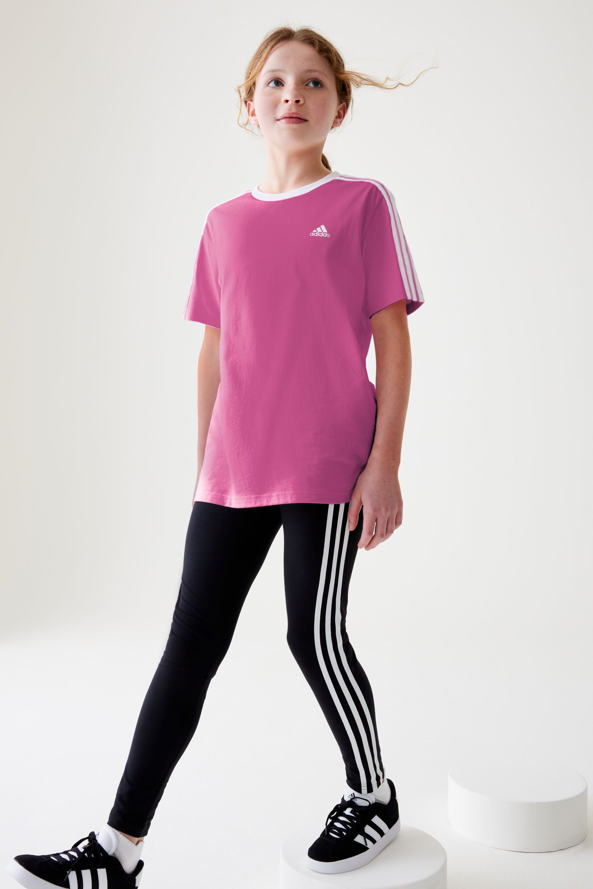 adidas Pink Boyfriend Loose Fit Sportswear Essentials 3-Stripes Cotton T-Shirt - Image 1 of 8