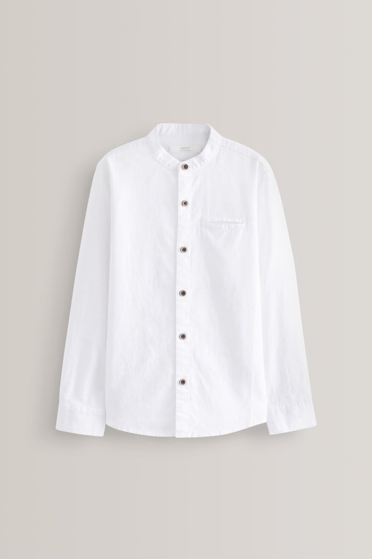 White Grandad Collar Linen Mix Long Sleeve Shirt (3-16yrs) - Image 1 of 2