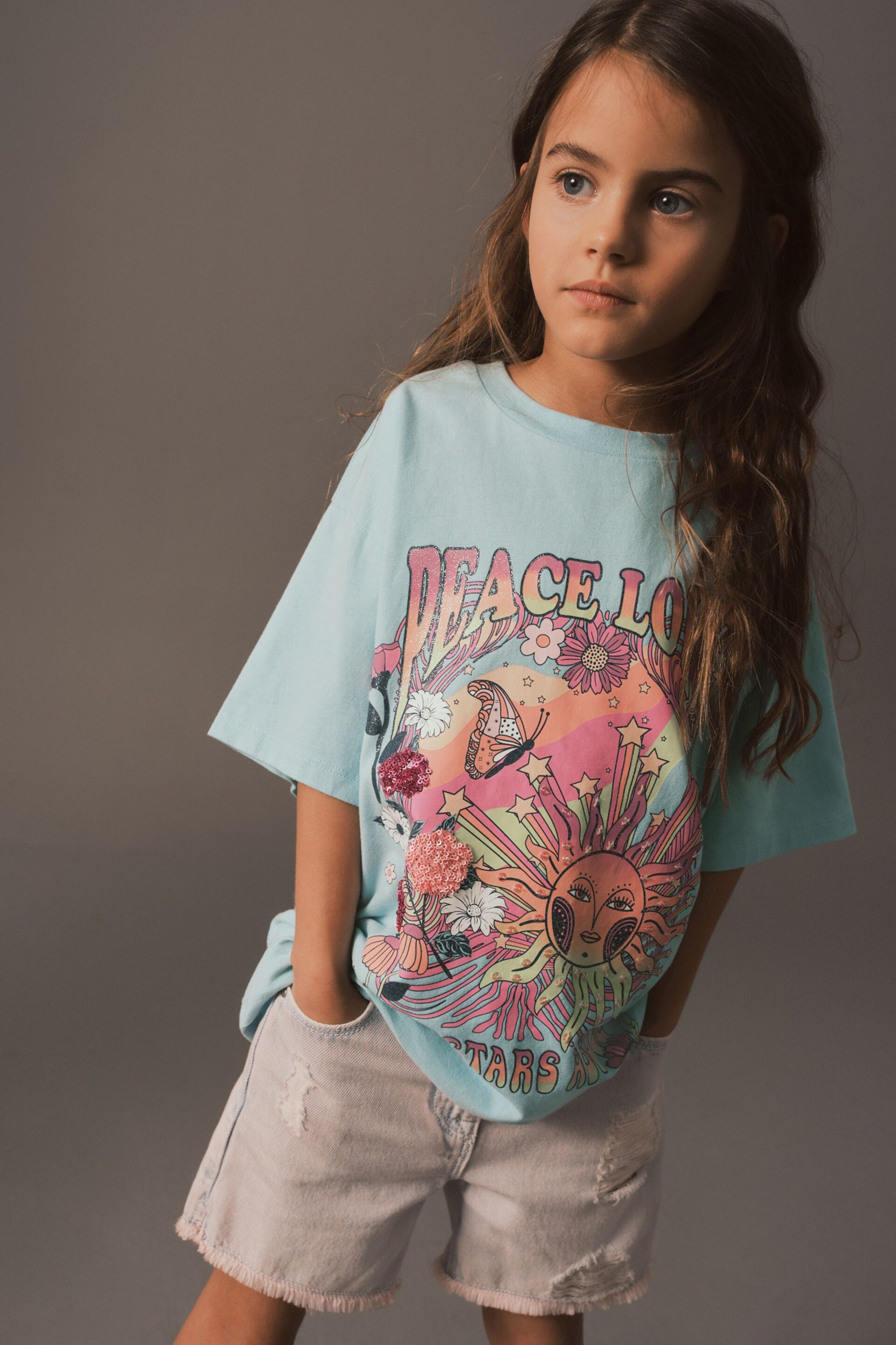 Blue/Pink Oversized Embellished Graphic T-Shirt (3-16yrs) - Image 1 of 6