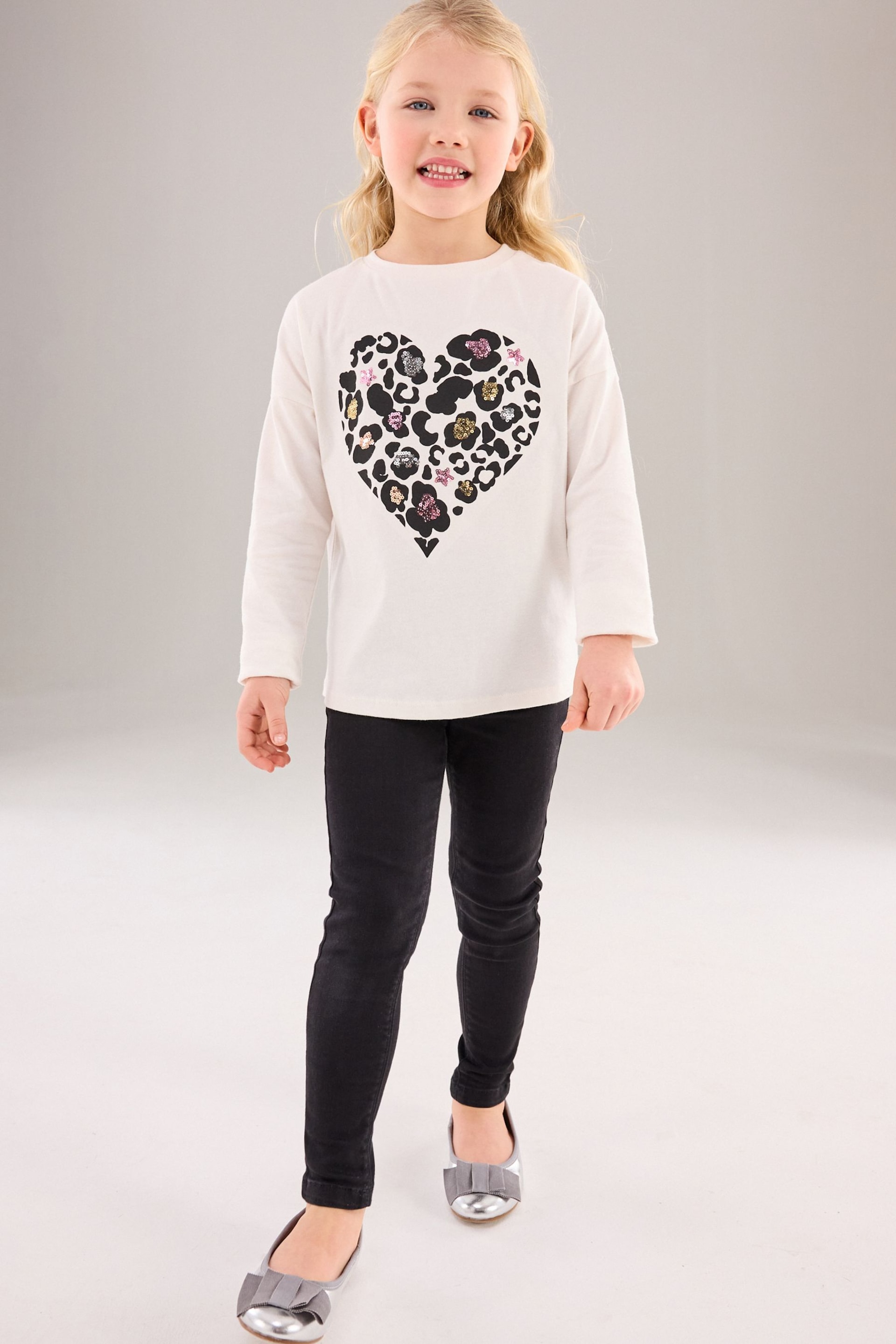 Ecru White Long Sleeve Sequin Heart T-Shirt (3-16yrs) - Image 2 of 7
