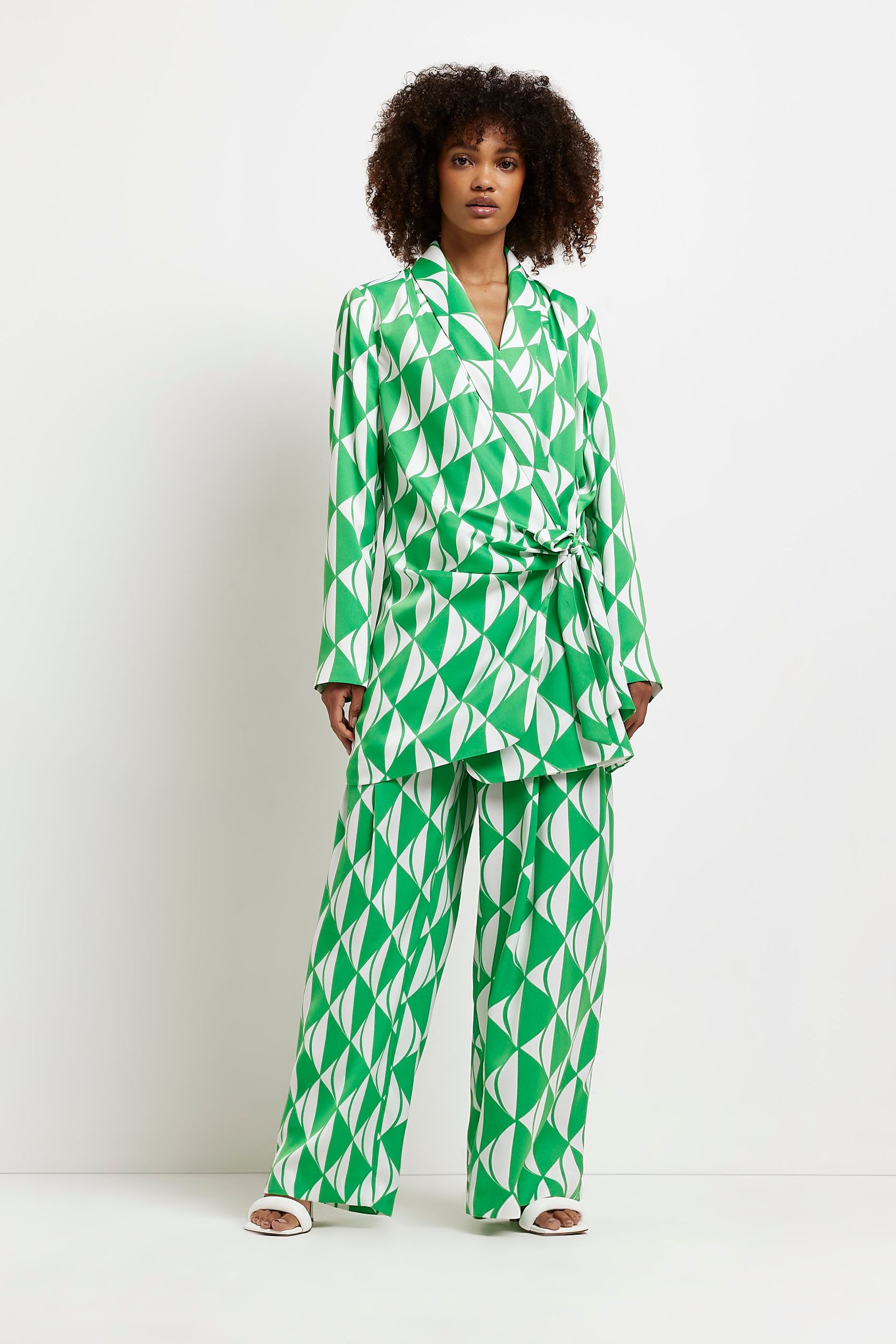 Buy River Island Green Geo Print Pleated Wide Leg Trousers from Next Luxembourg