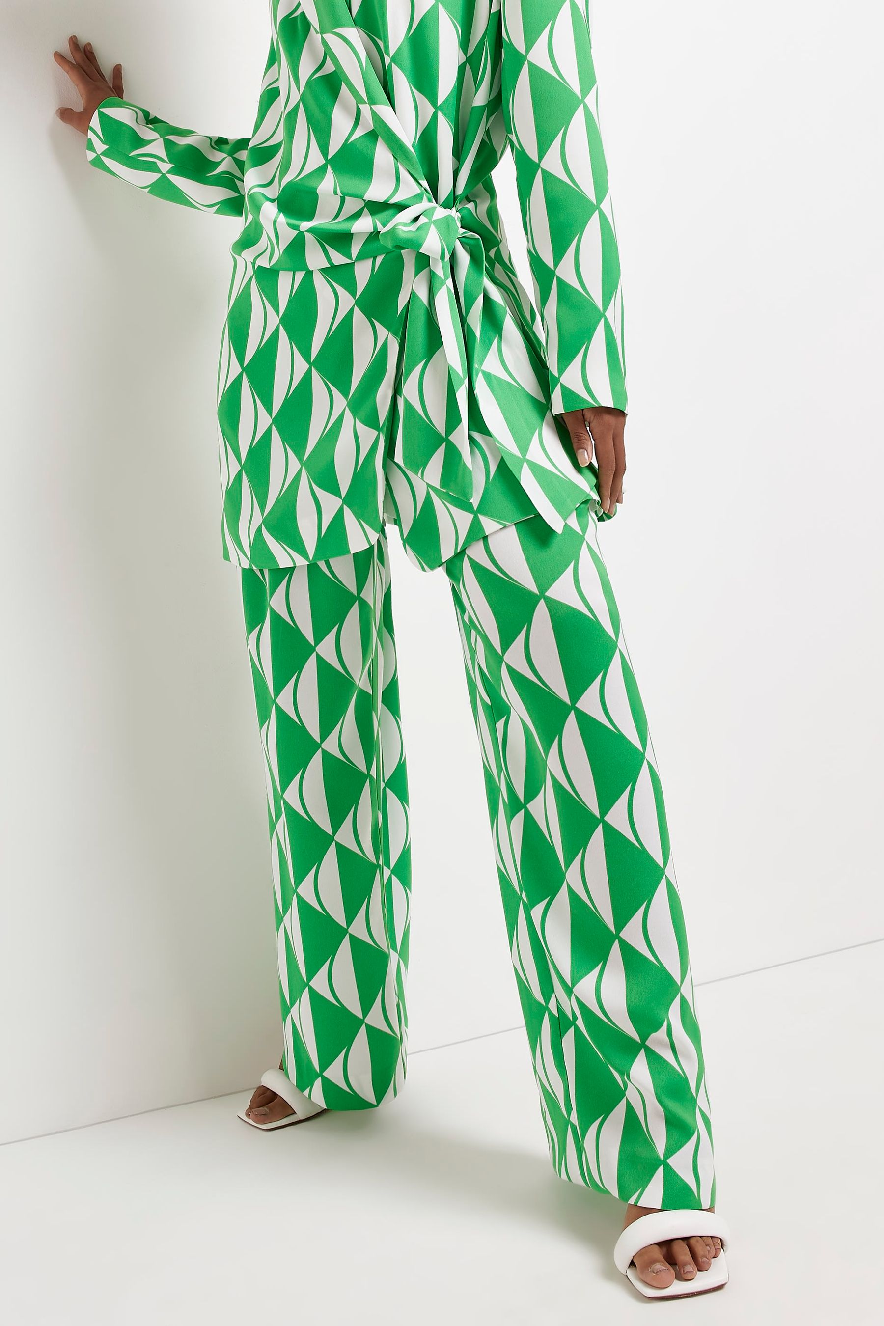 Buy River Island Green Geo Print Pleated Wide Leg Trousers from Next Luxembourg