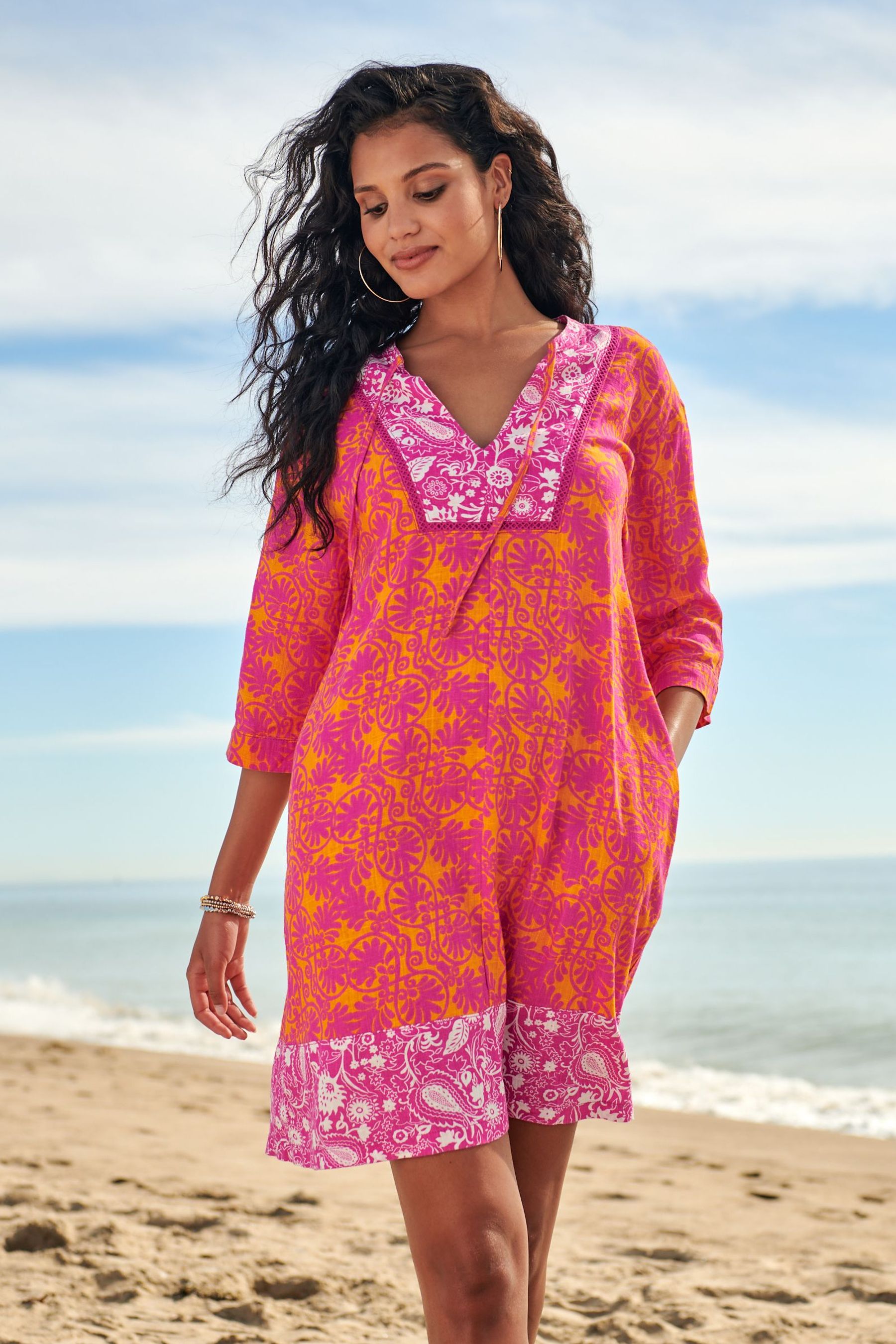 Buy Pink Orange Splice Print Kaftan Dress With Linen from Next Luxembourg
