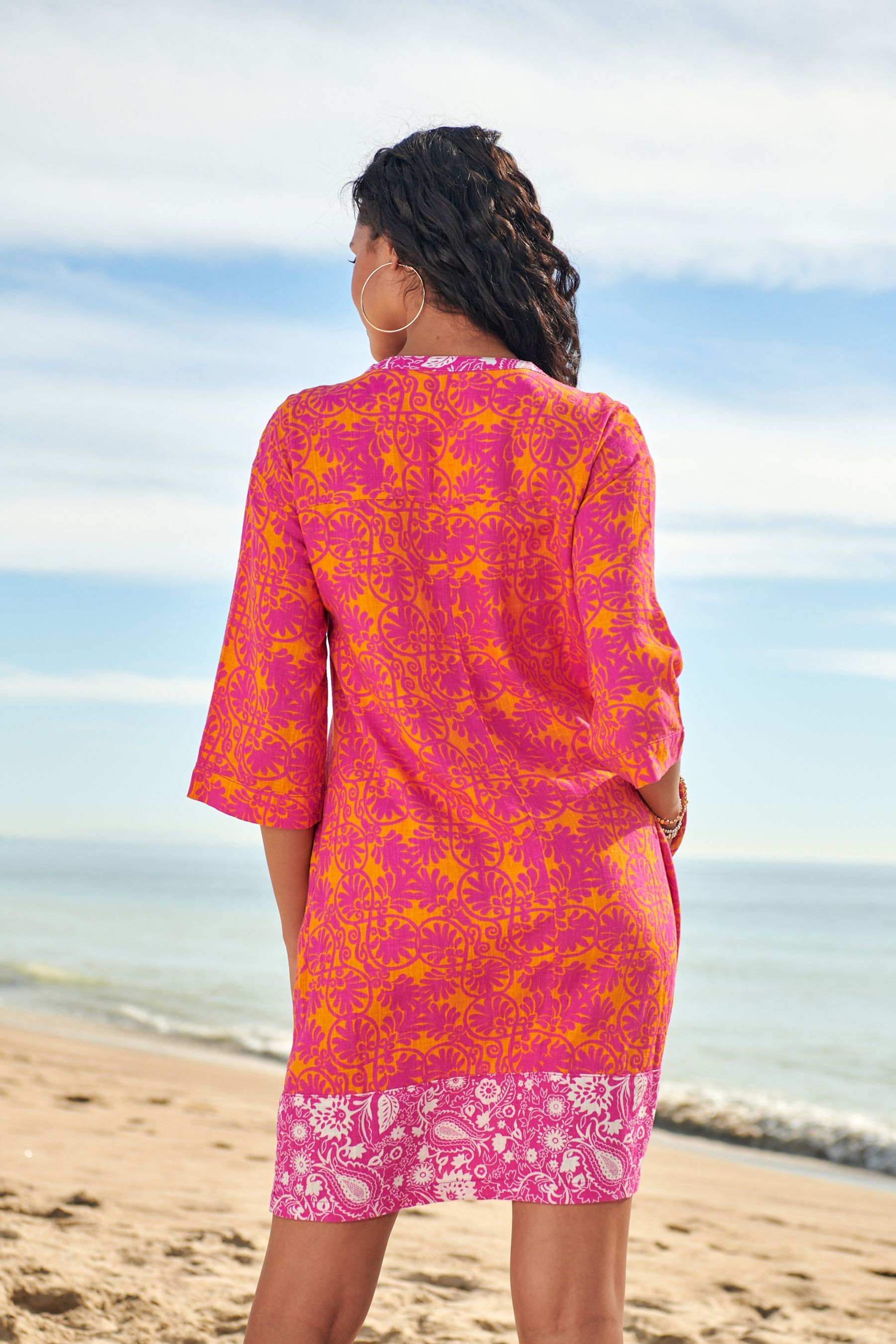 Buy Pink Orange Splice Print Kaftan Dress With Linen from Next Luxembourg