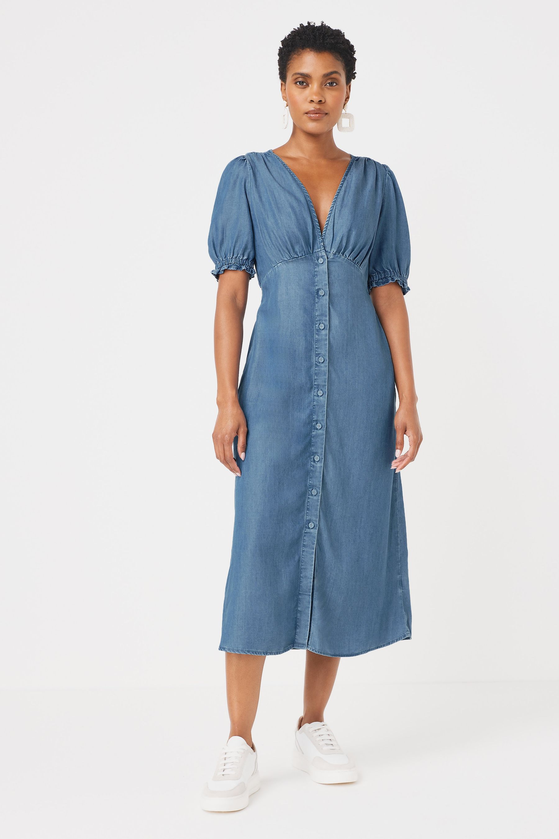 Buy Blue Puff Sleeve Button Through TENCEL Midi Dress from Next Luxembourg