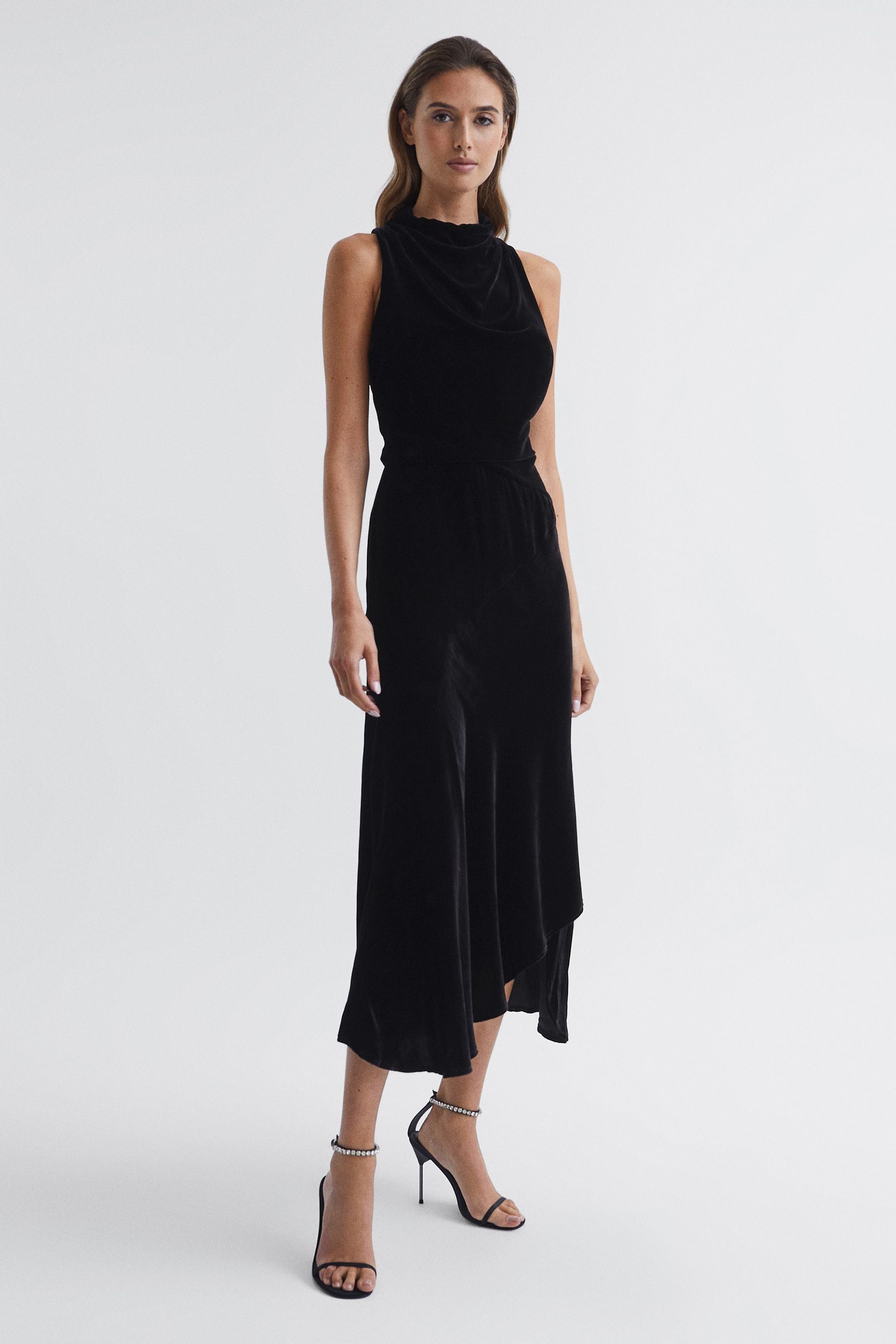 Reiss Black Giannon Velvet Midi Dress