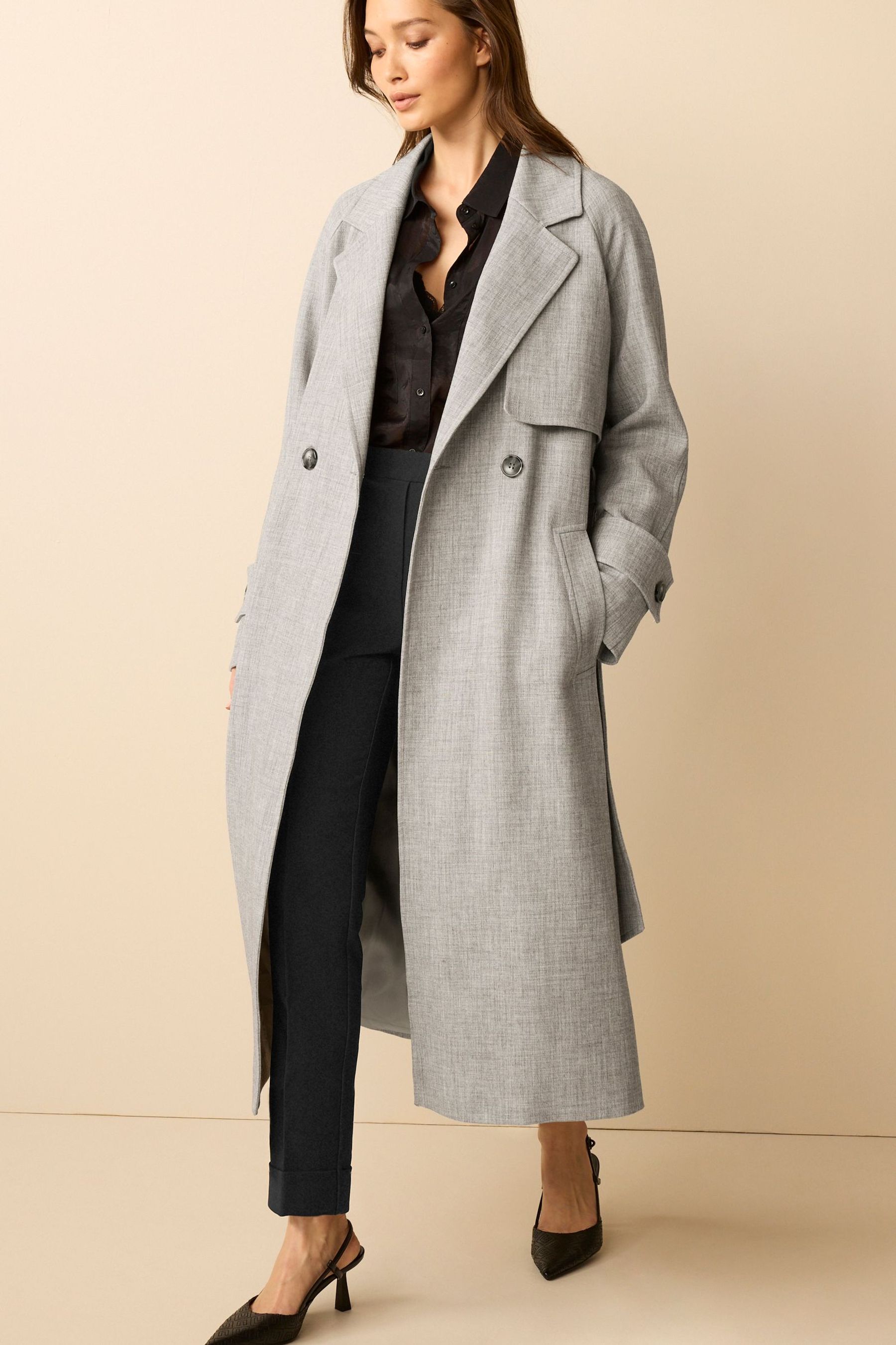 Buy Grey Relaxed Crepe Double Breasted Trench Coat from Next Luxembourg
