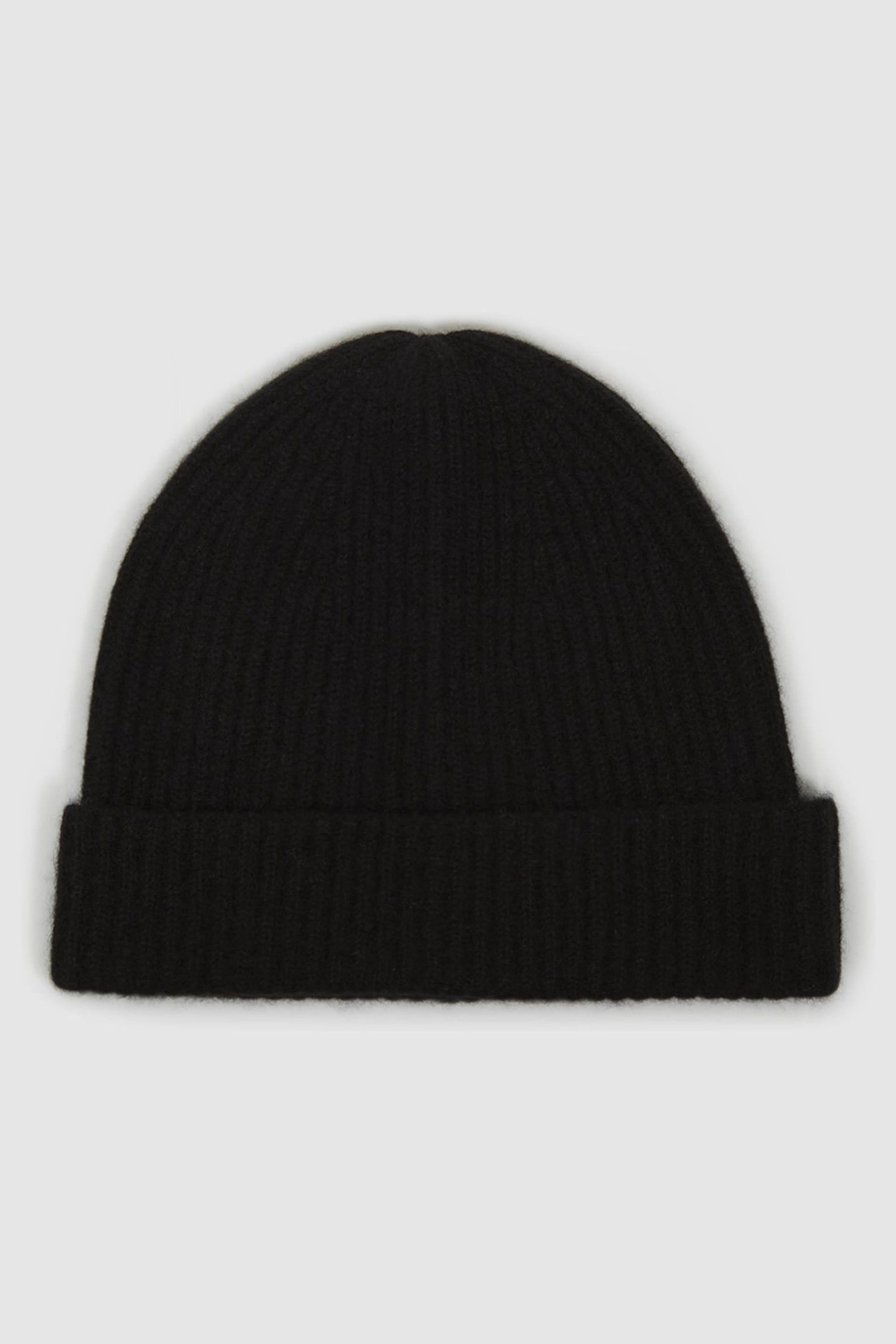 Reiss Black Cara Cashmere Ribbed Beanie Hat - Image 1 of 3