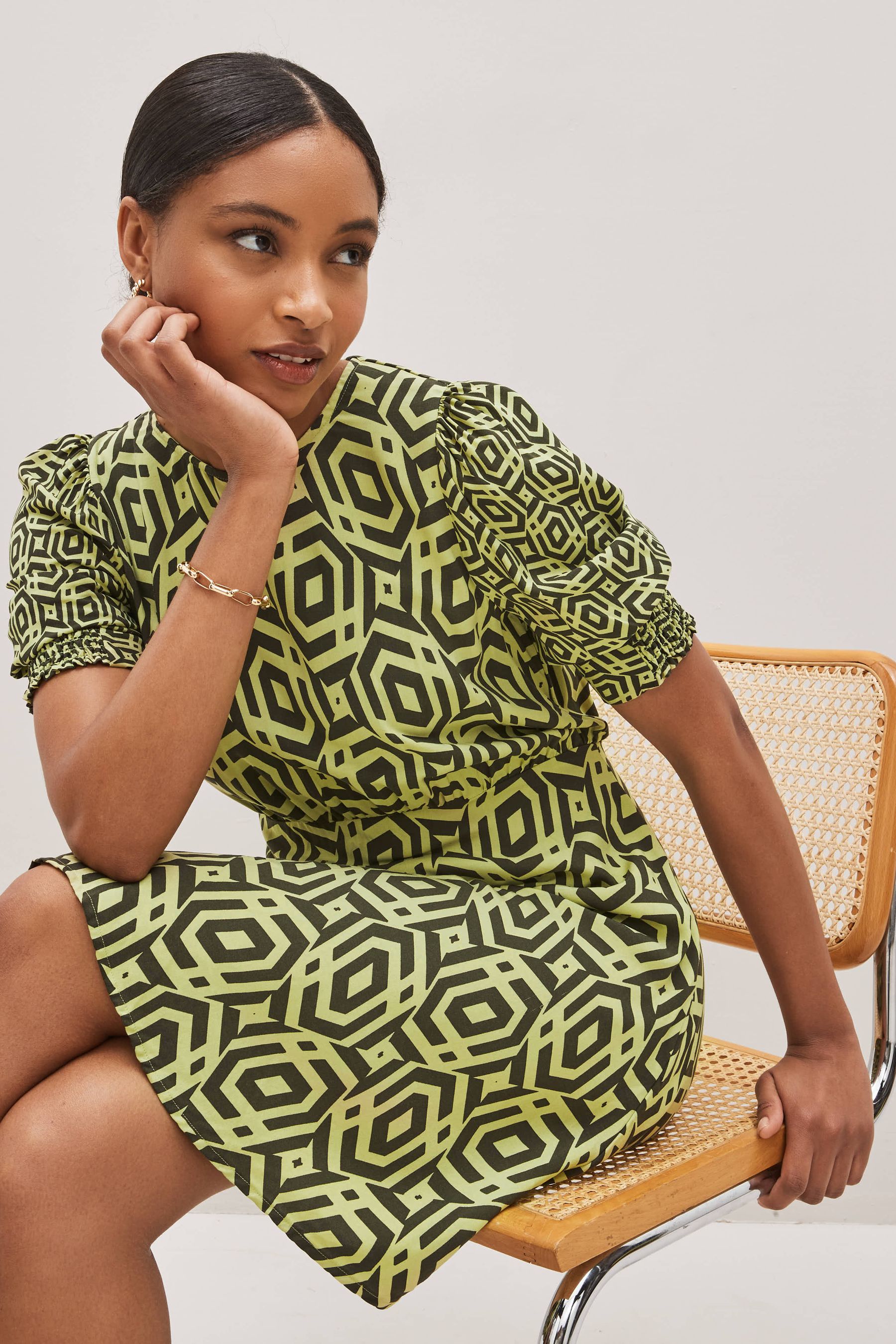 Buy Khaki Green Geo Print Short Sleeve Mini Dress from Next Luxembourg