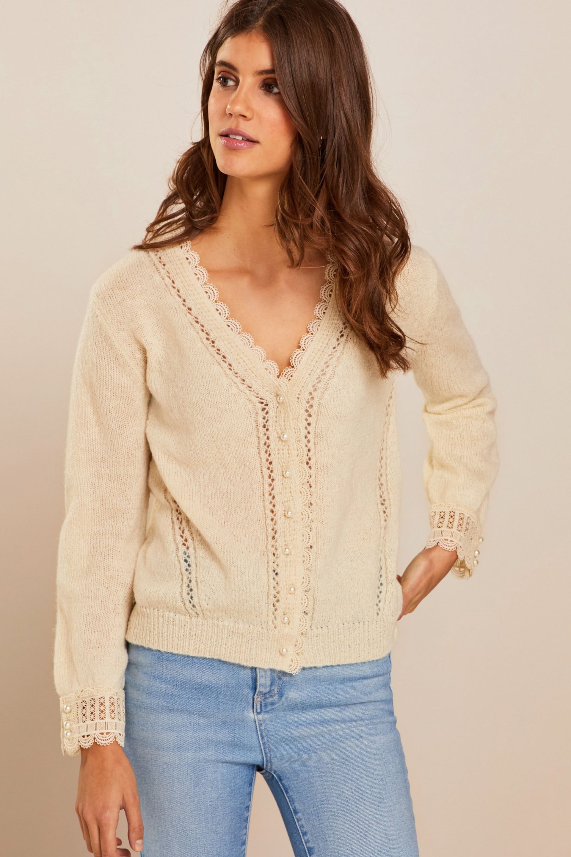 Ecru Cream Scallop Detail Lace Trim Cardigan - Image 2 of 6