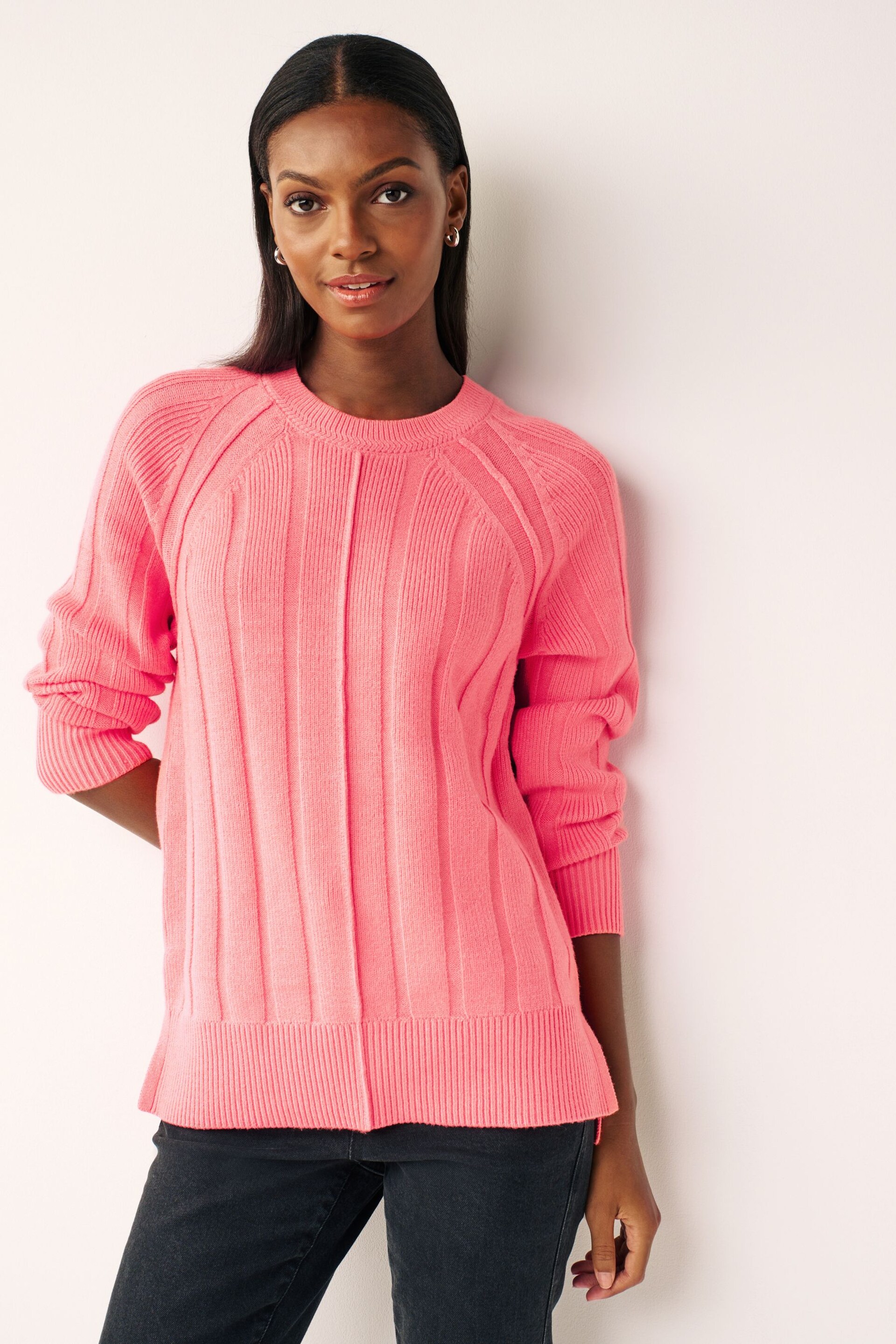 Coral Pink Ribbed Crew Neck Jumper - Image 1 of 6