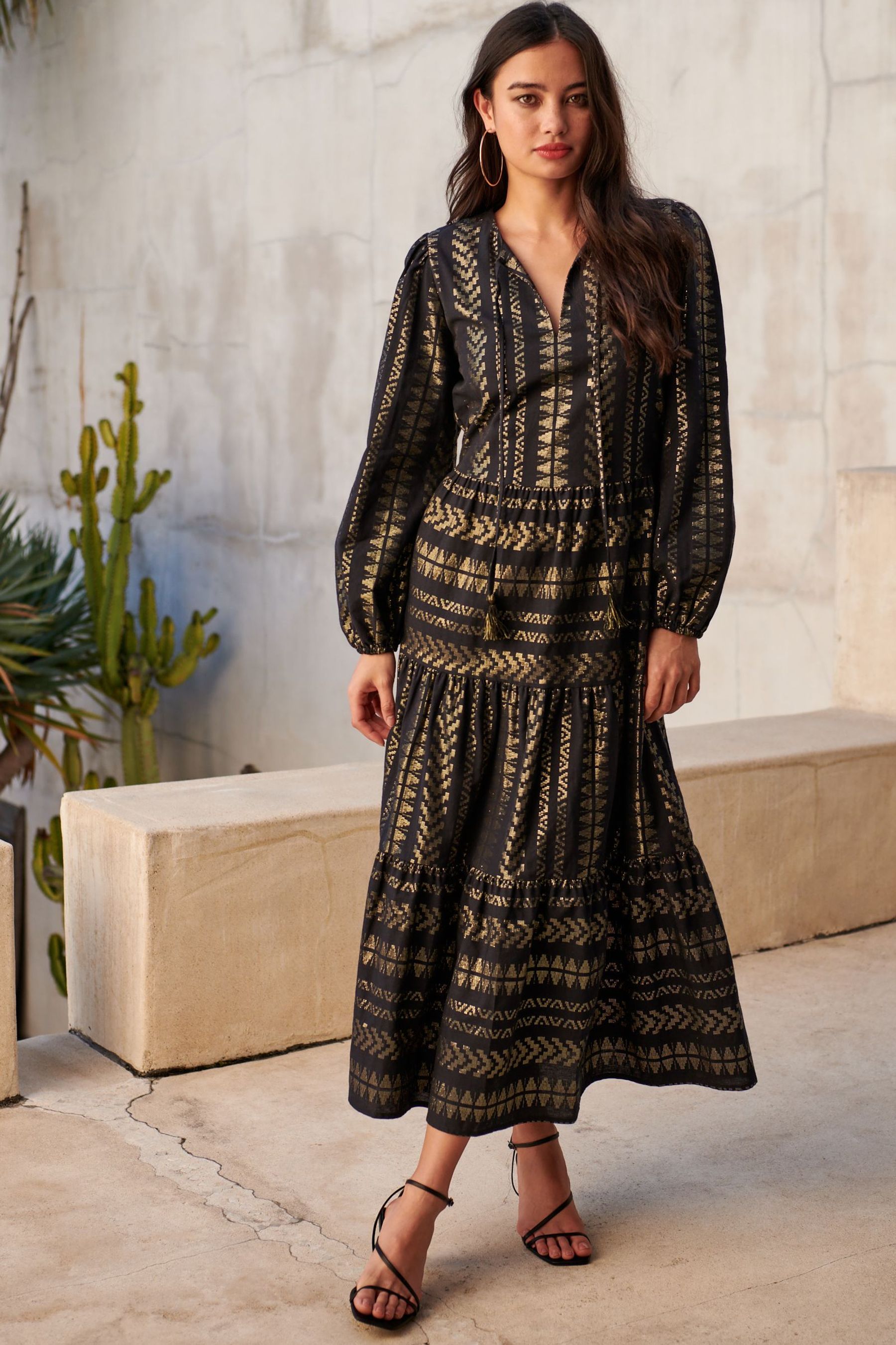 Buy Black Gold Jacquard Kaftan Style Midi Dress from Next Luxembourg