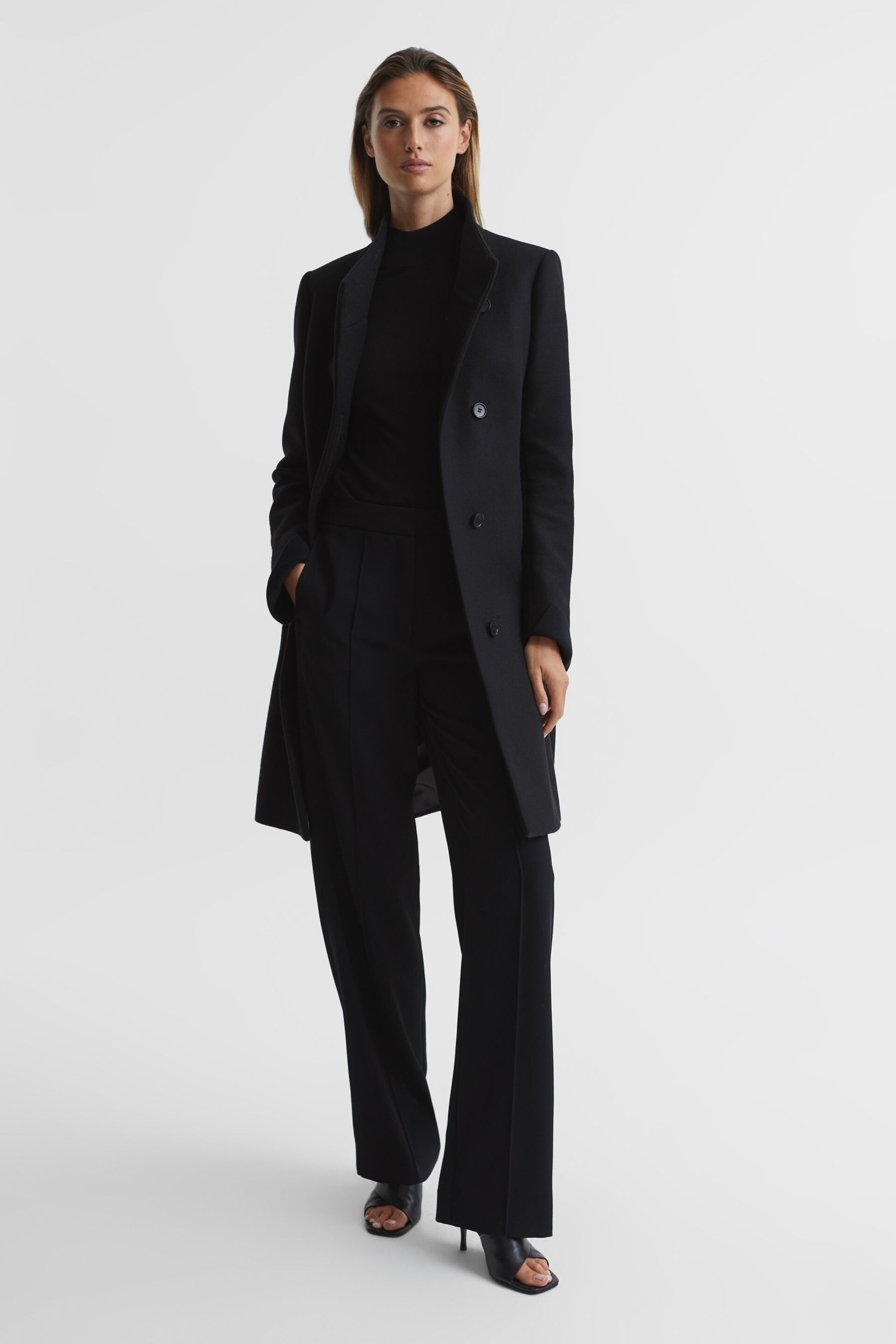 Reiss Black Mia Petite Wool Blend Mid-Length Coat - Image 3 of 7