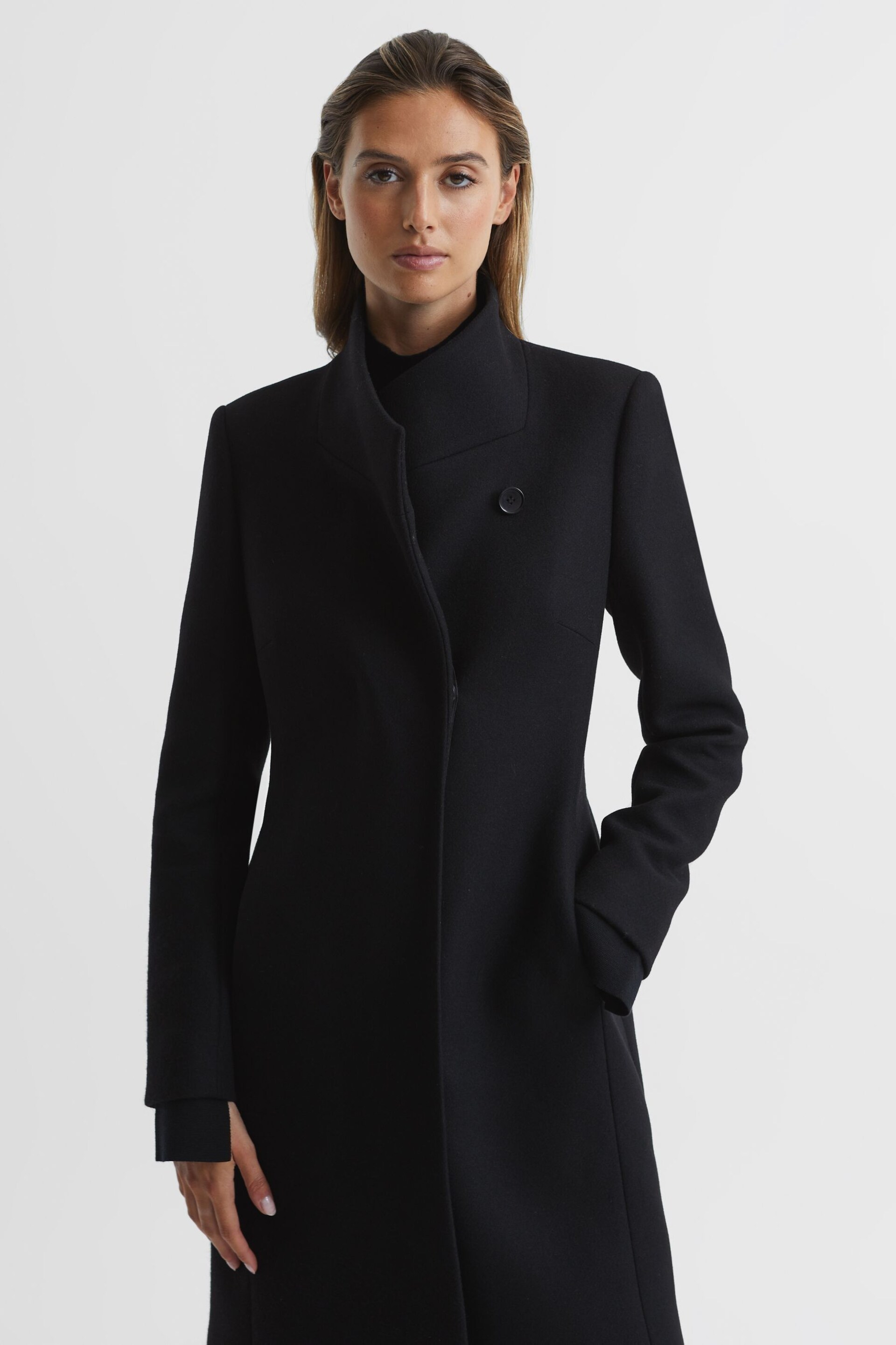Reiss Black Mia Petite Wool Blend Mid-Length Coat - Image 4 of 7