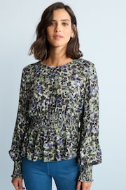 Blue Floral Long Sleeve Waisted Top - Image 1 of 5