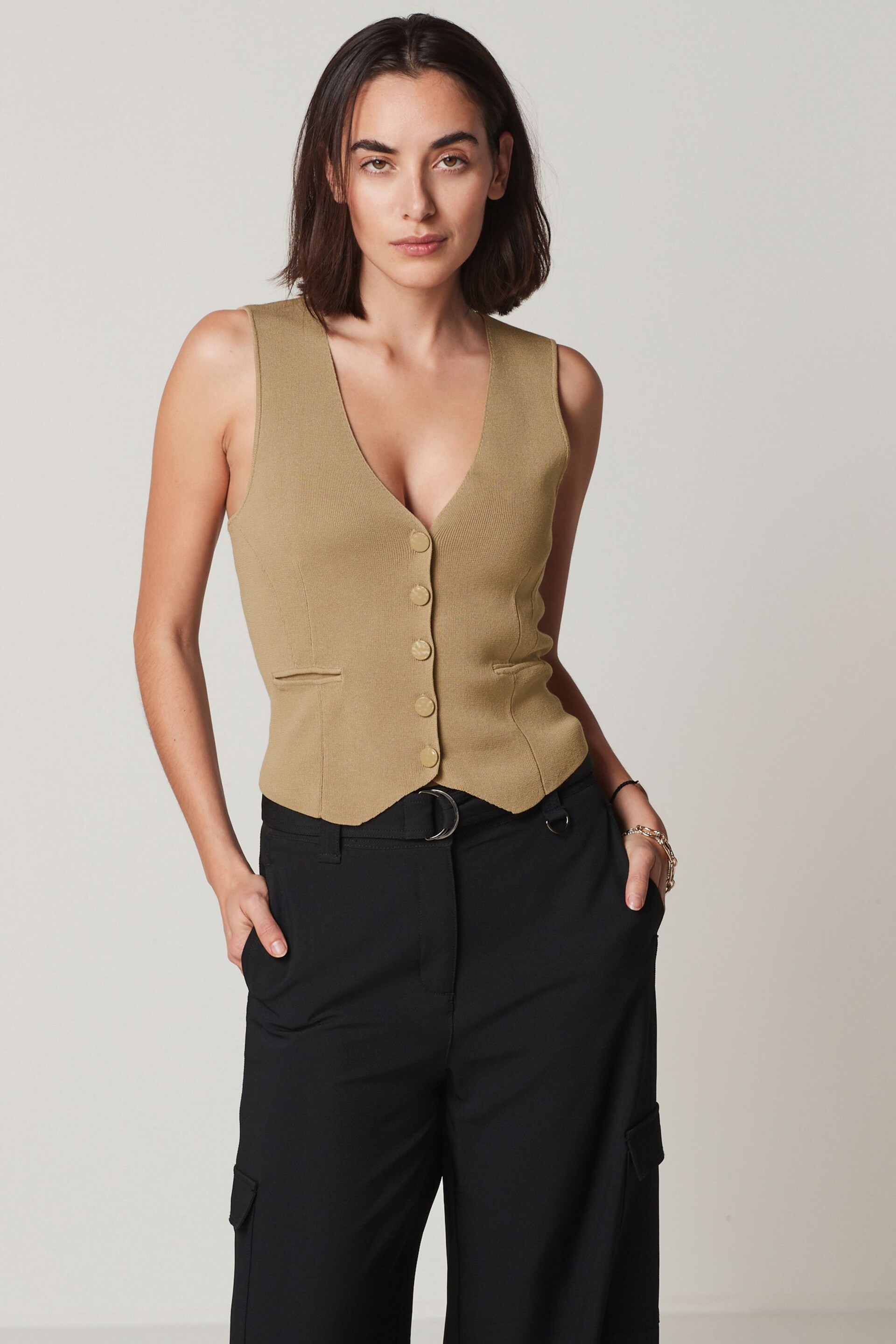 Camel Brown Button Through Knitted Waistcoat - Image 1 of 7