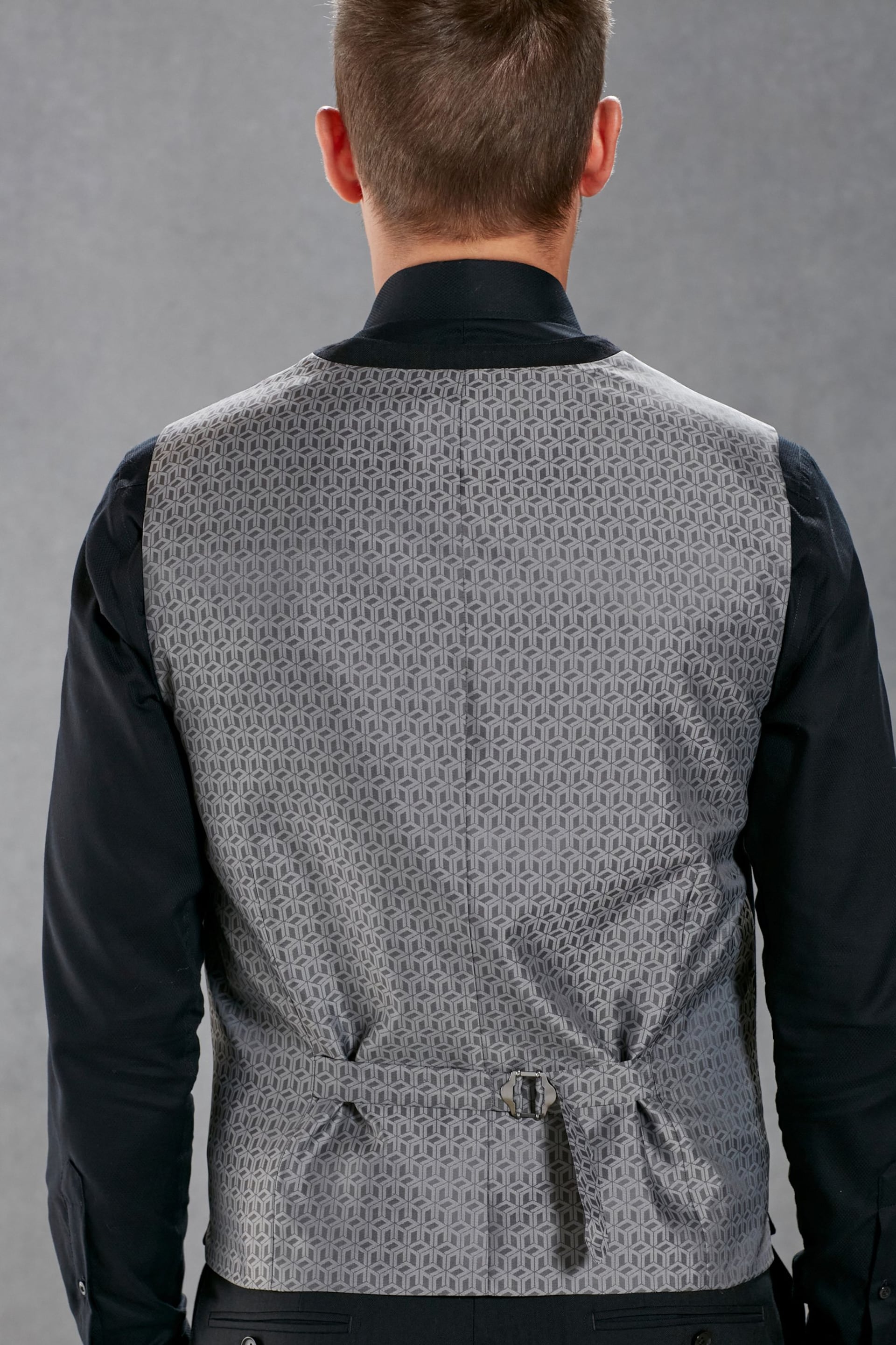 Black Slim Fit Signature Empire Mills British Fabric Herringbone Suit Waistcoat - Image 3 of 9