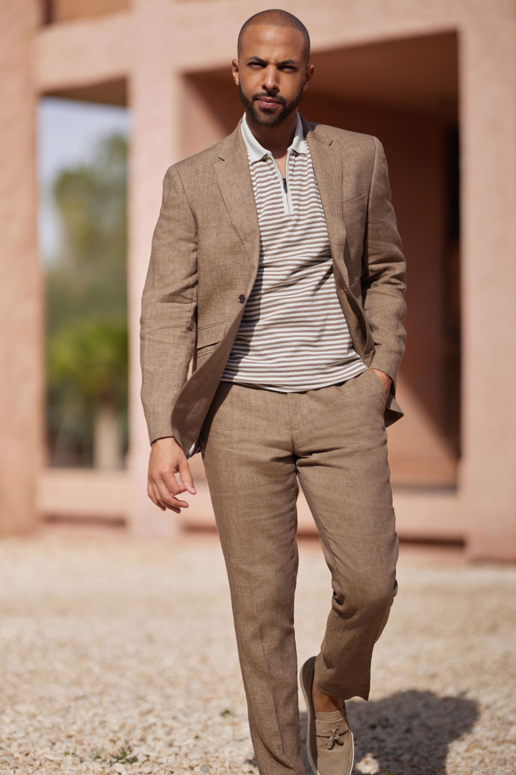 Buy Stone Natural Signature Leomaster Italian Linen Slim Fit Suit Jacket from Next Luxembourg