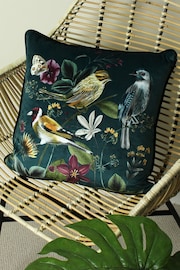 Evans Lichfield Green Multicolour Midnight Garden Birds Piped Velvet Cushion - Image 1 of 6