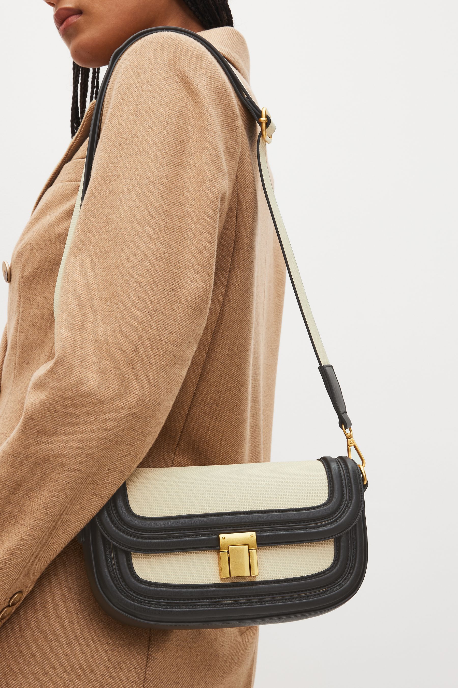 Black Canvas Mix Saddle Cross Body Bag