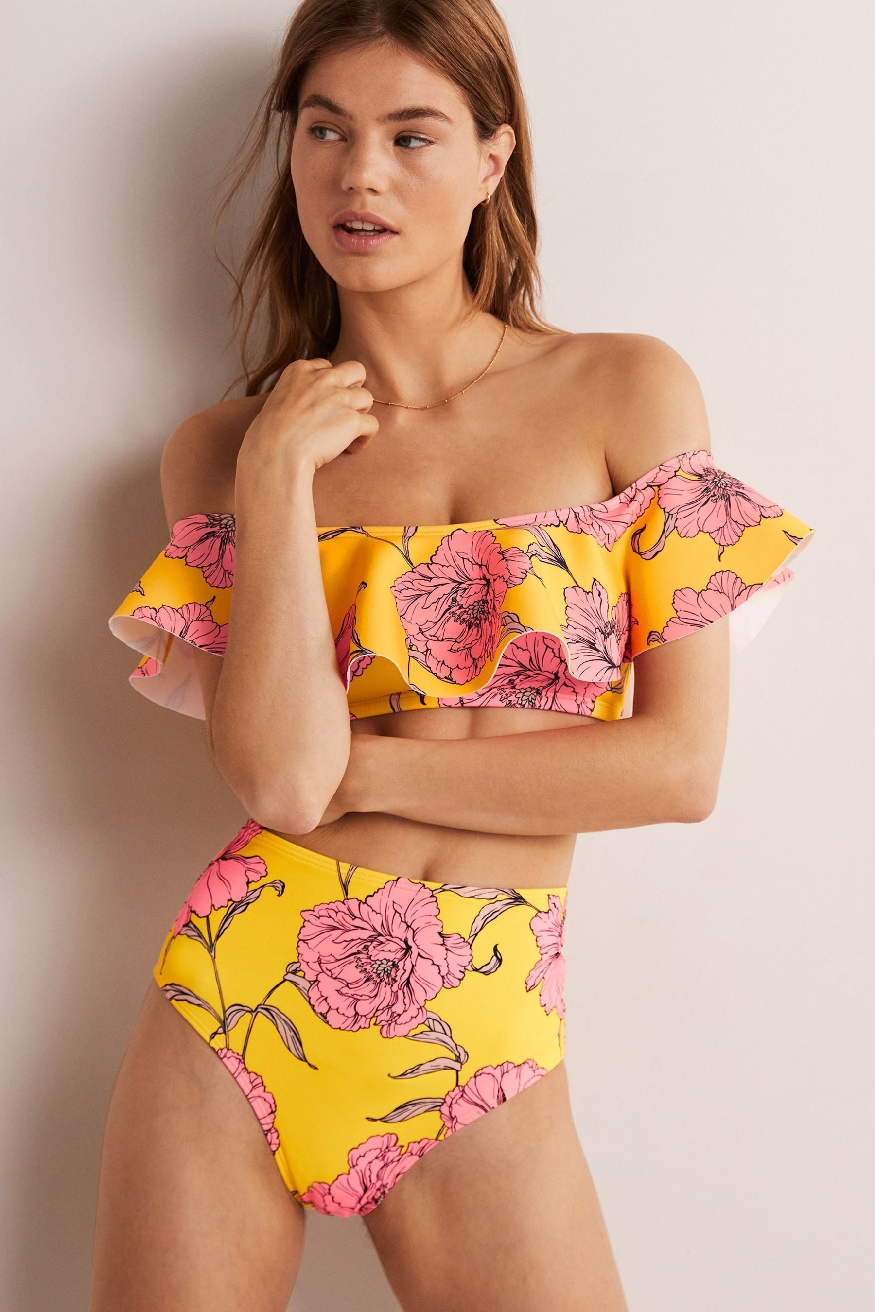 High waisted yellow swim bottoms top
