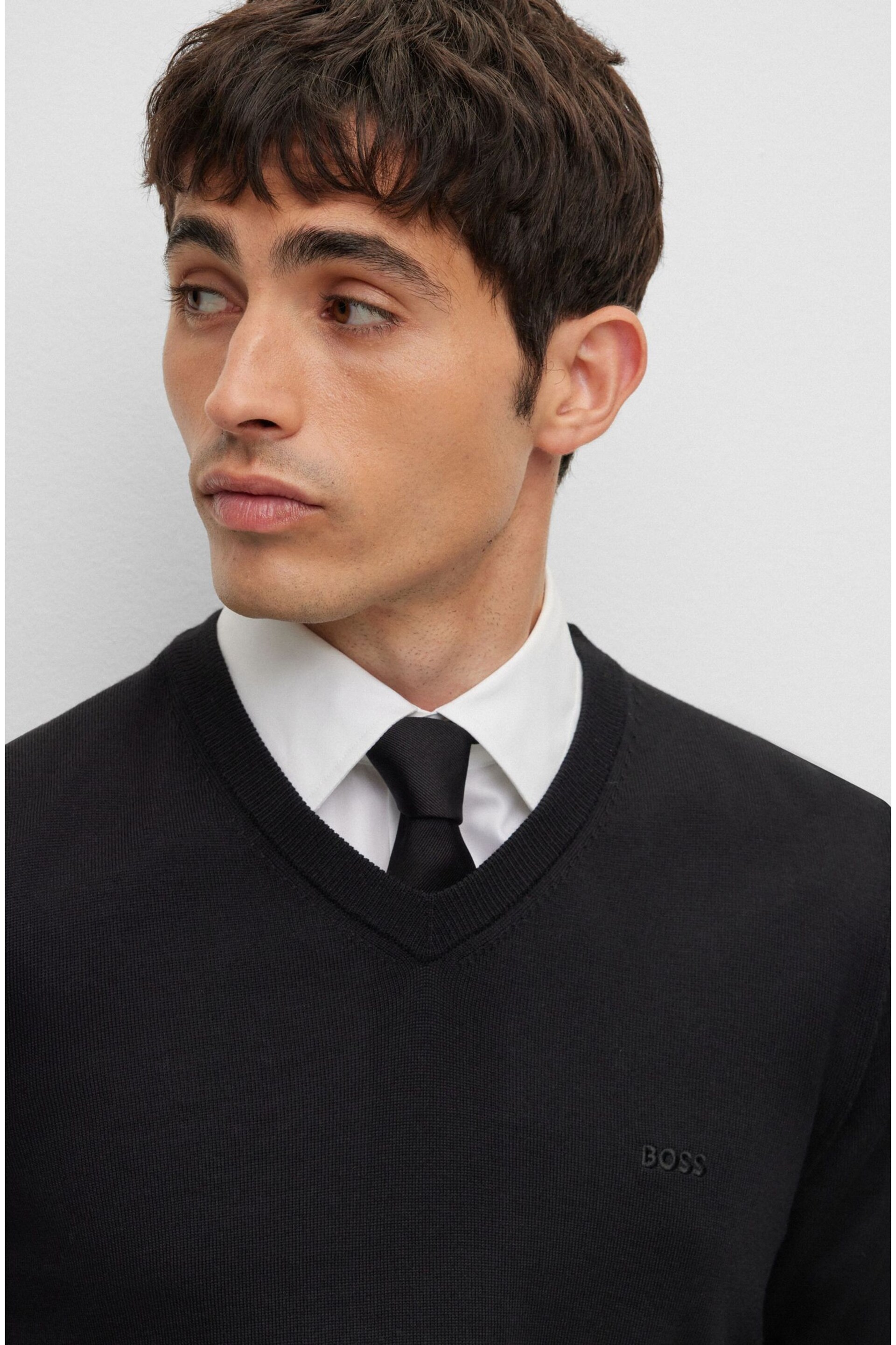 BOSS Black V-Neck Tonal Logo Wool Jumper - Image 3 of 5