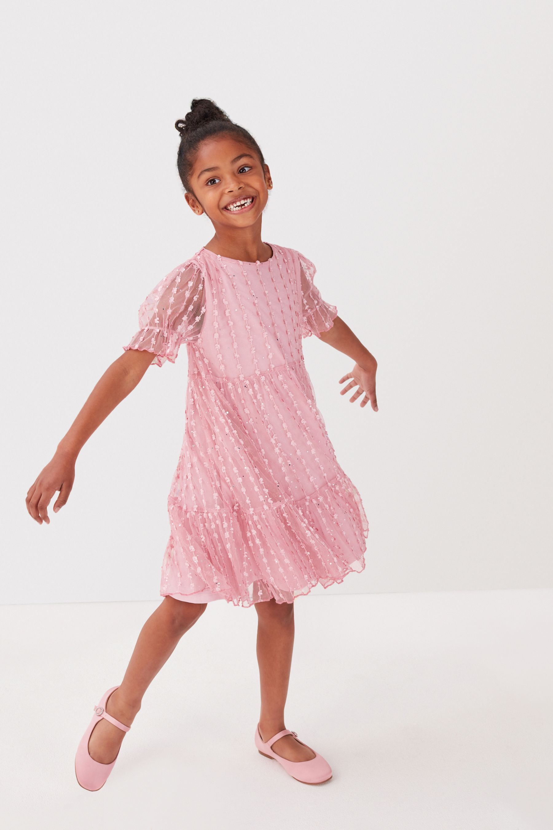 Buy Pink Sparkle Mesh Short Sleeve Tiered Party Dress 3 16yrs from Next Luxembourg