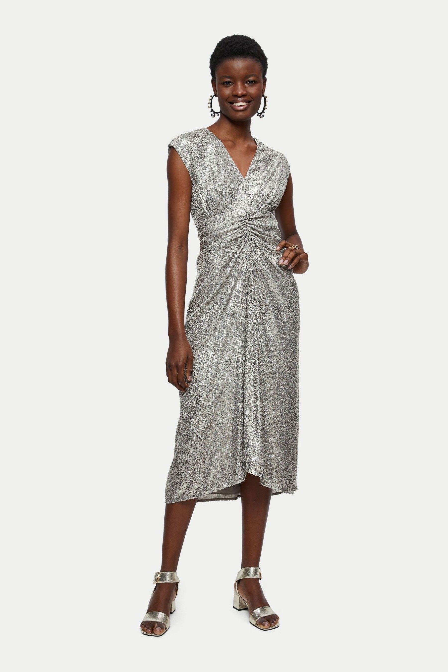 Buy Jigsaw Silver Sequin Ruched Midi Dress from Next Ireland