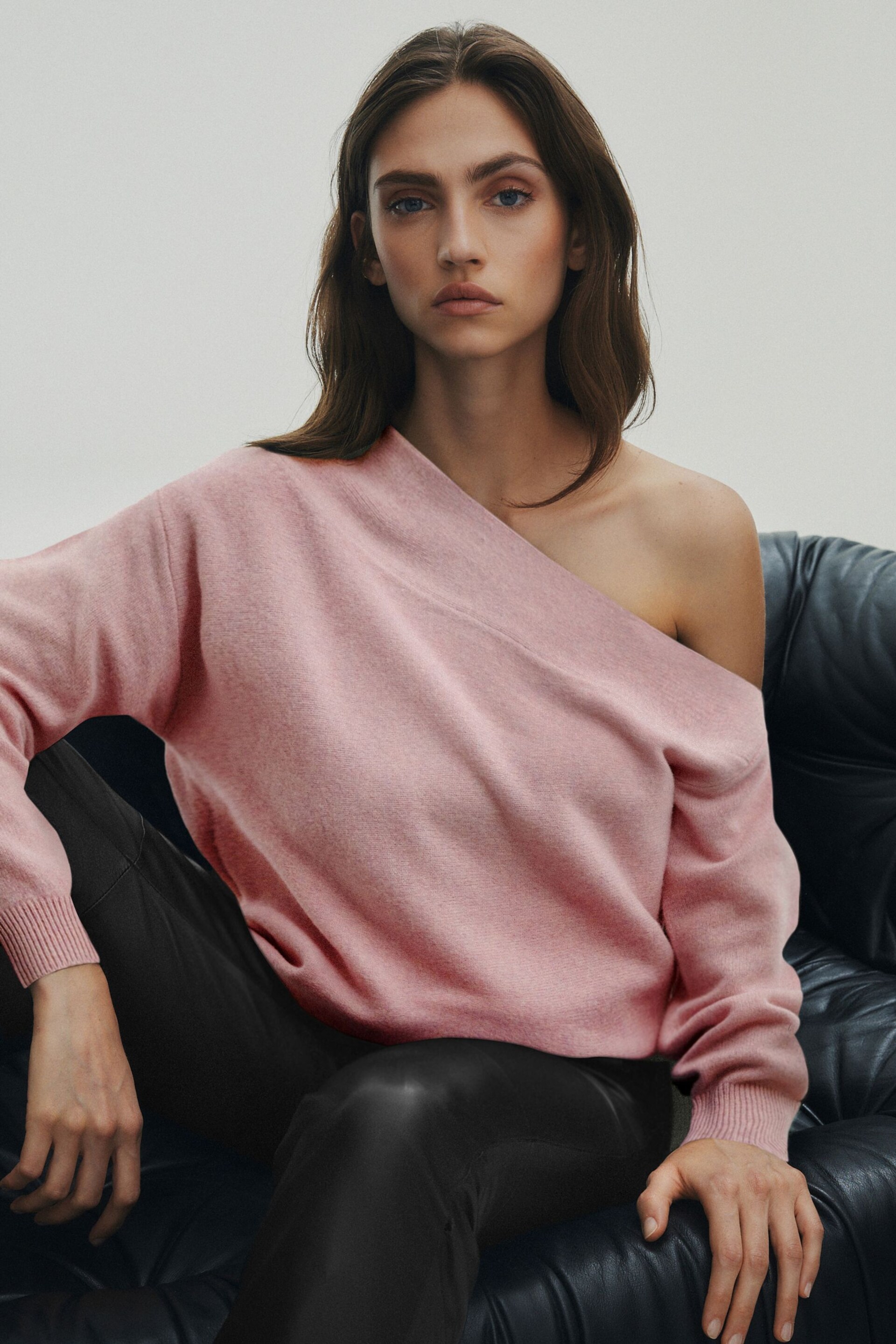 Blush Pink Premium 100% Wool Off The Shoulder Jumper - Image 1 of 6